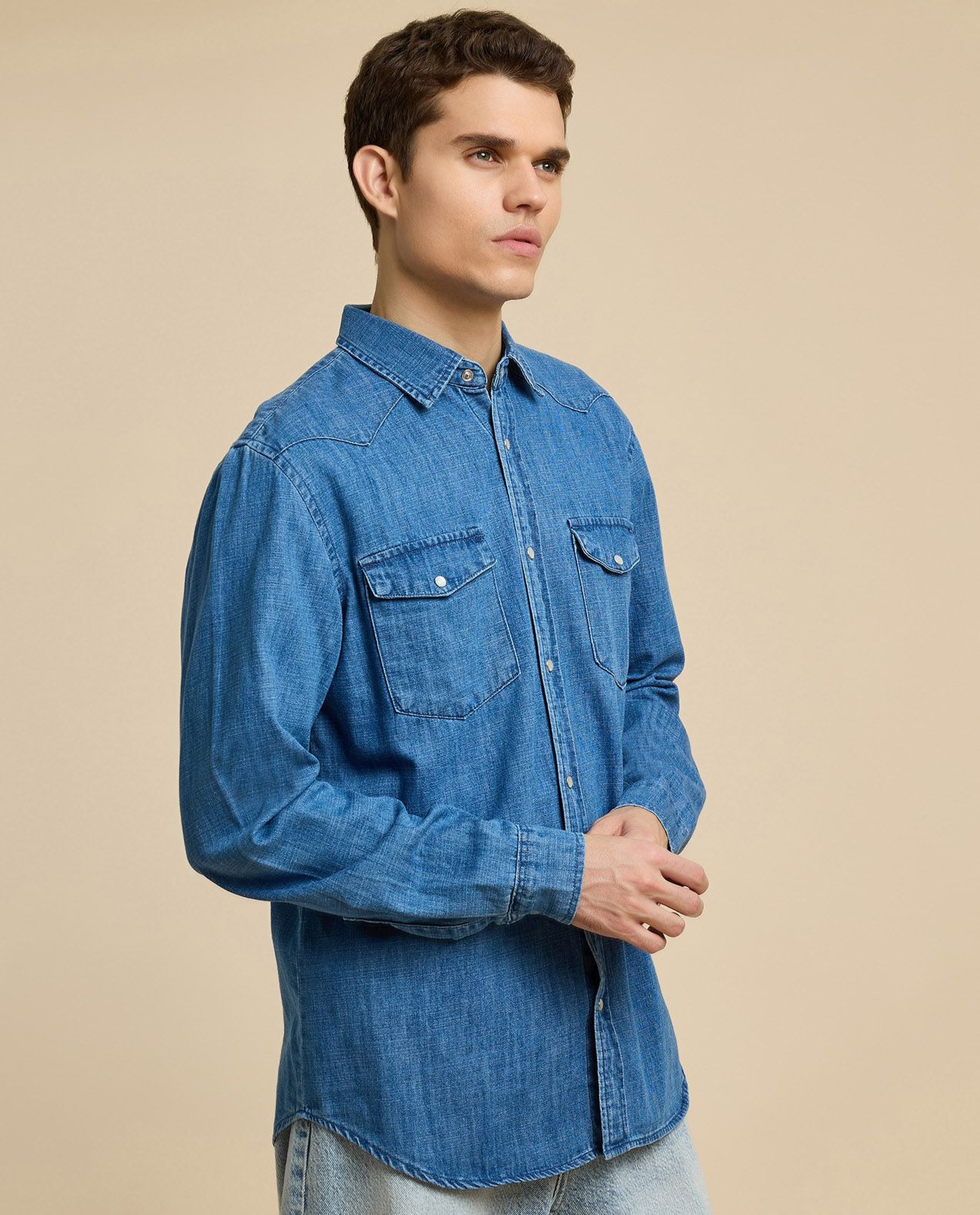 Washed Denim Shirt with Classic Collar and Long Sleeves