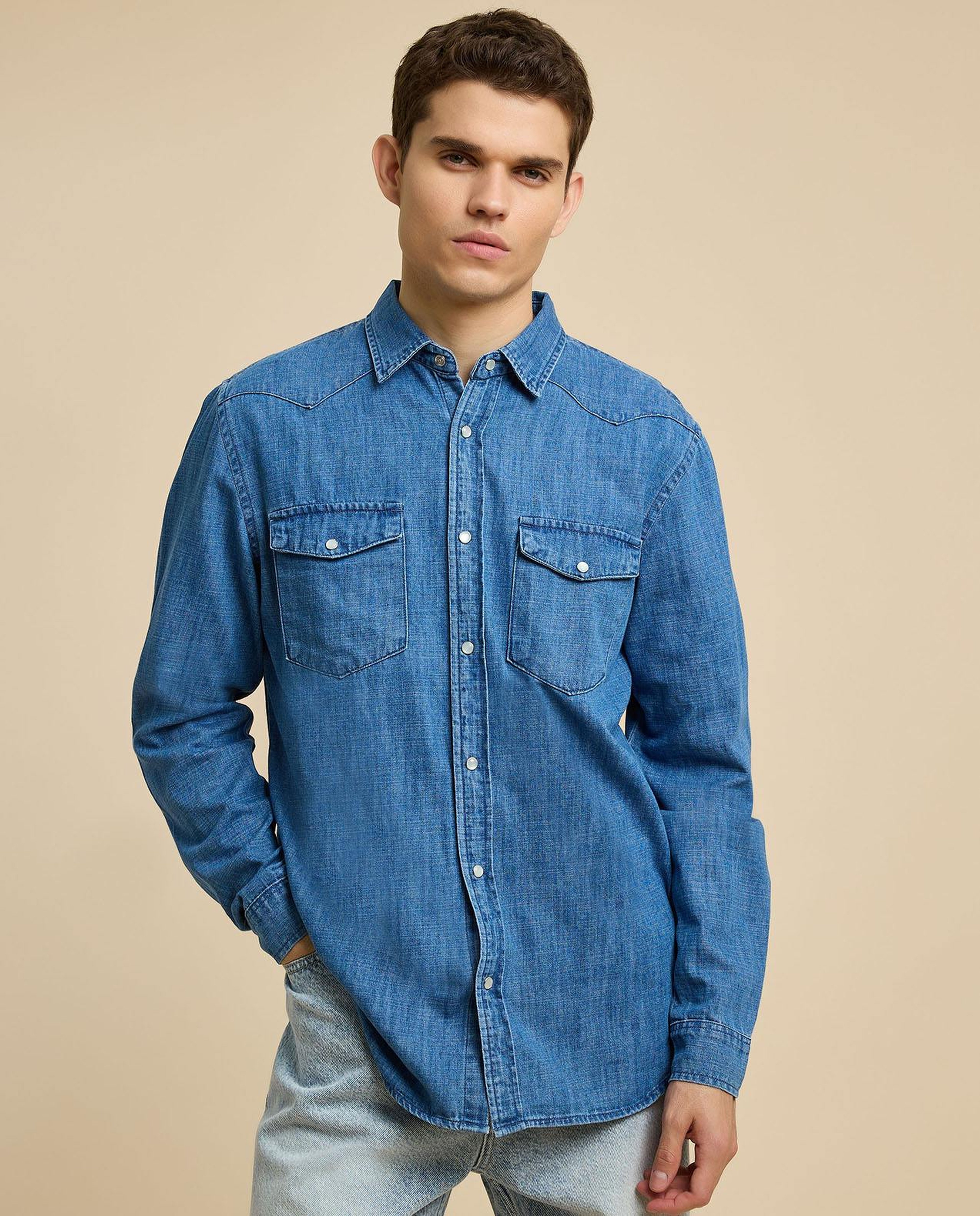 Washed Denim Shirt with Classic Collar and Long Sleeves
