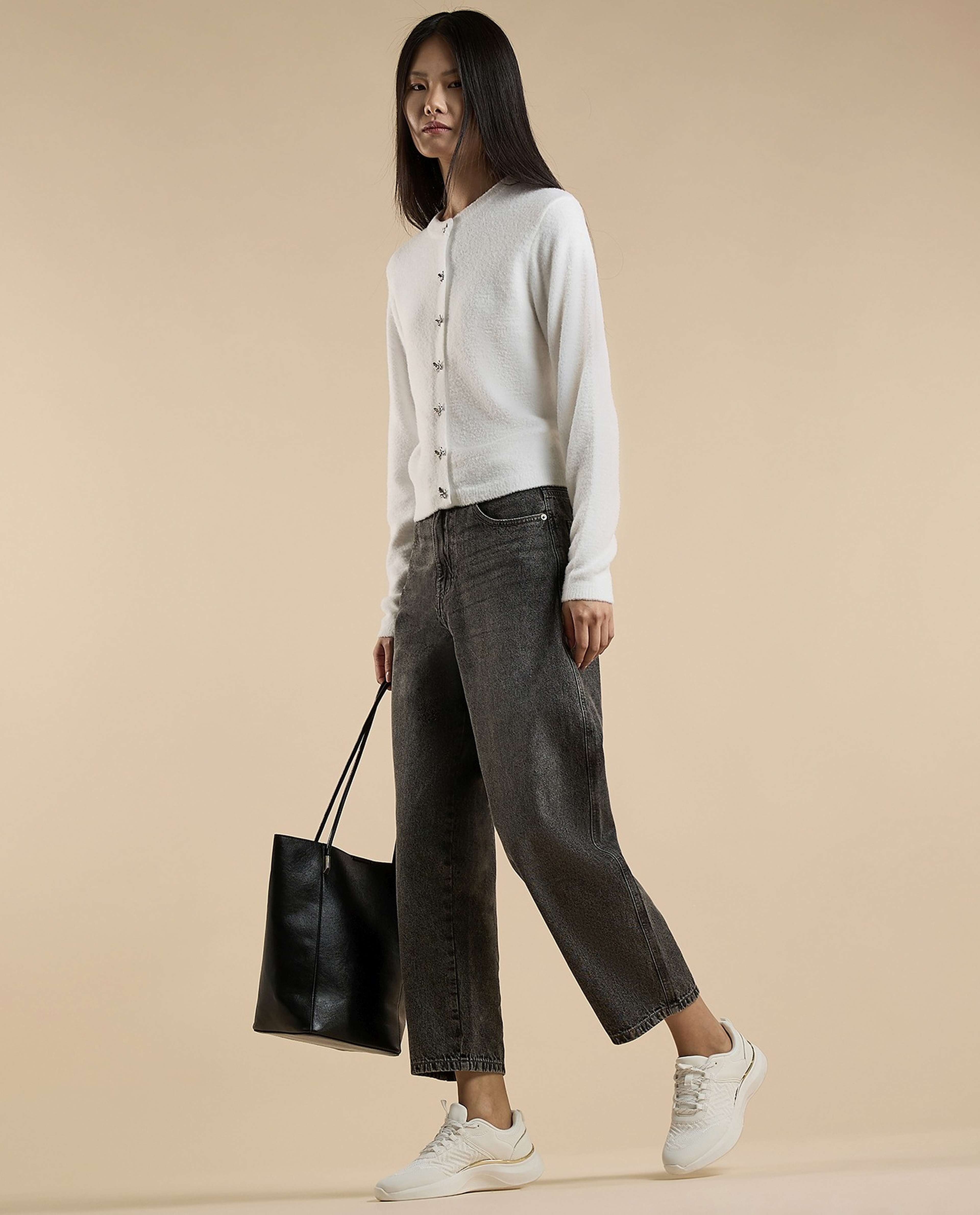 Washed Pleated Jeans with Button Closure