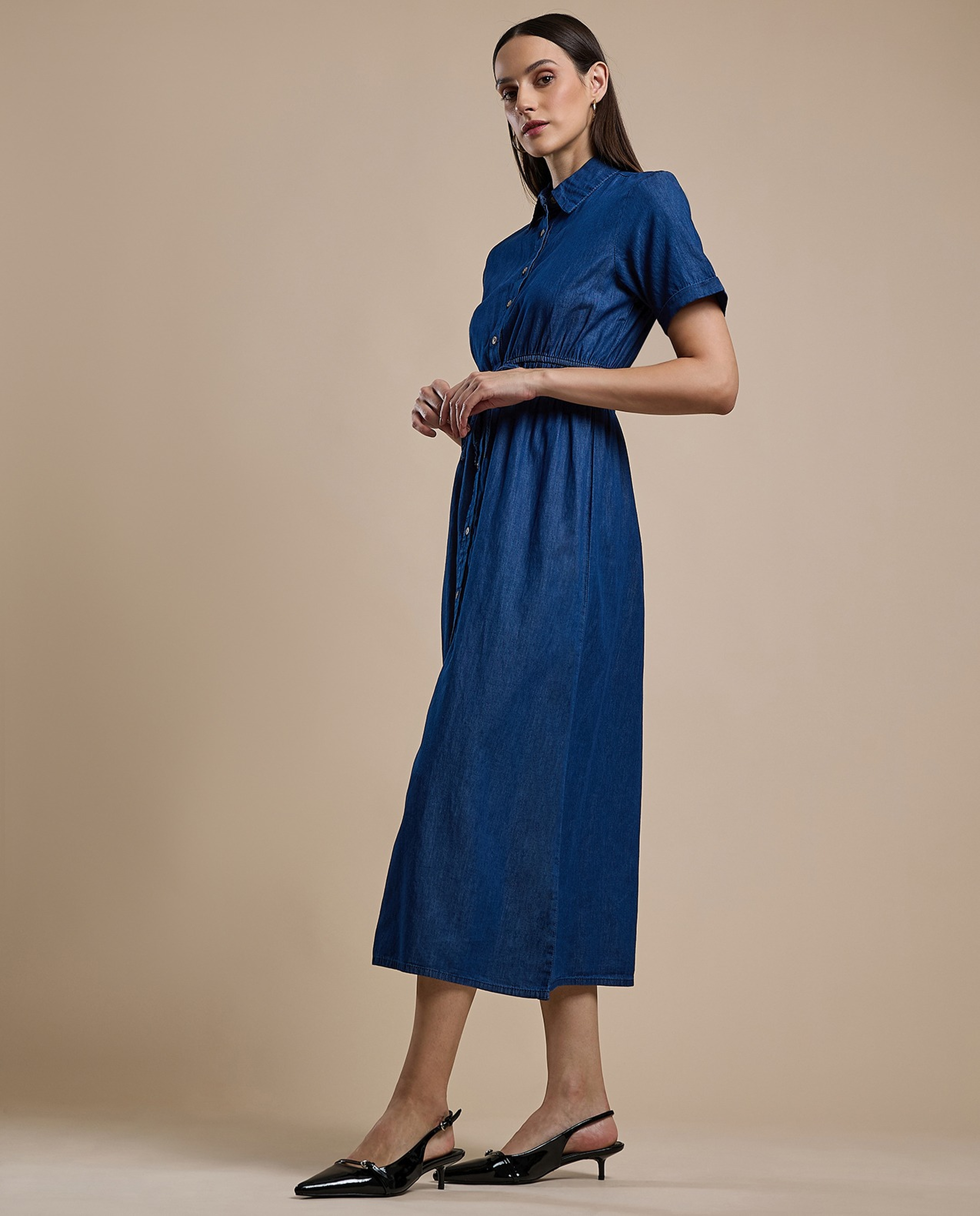 Solid Shirt Dress with Classic Collar and Short Sleeves