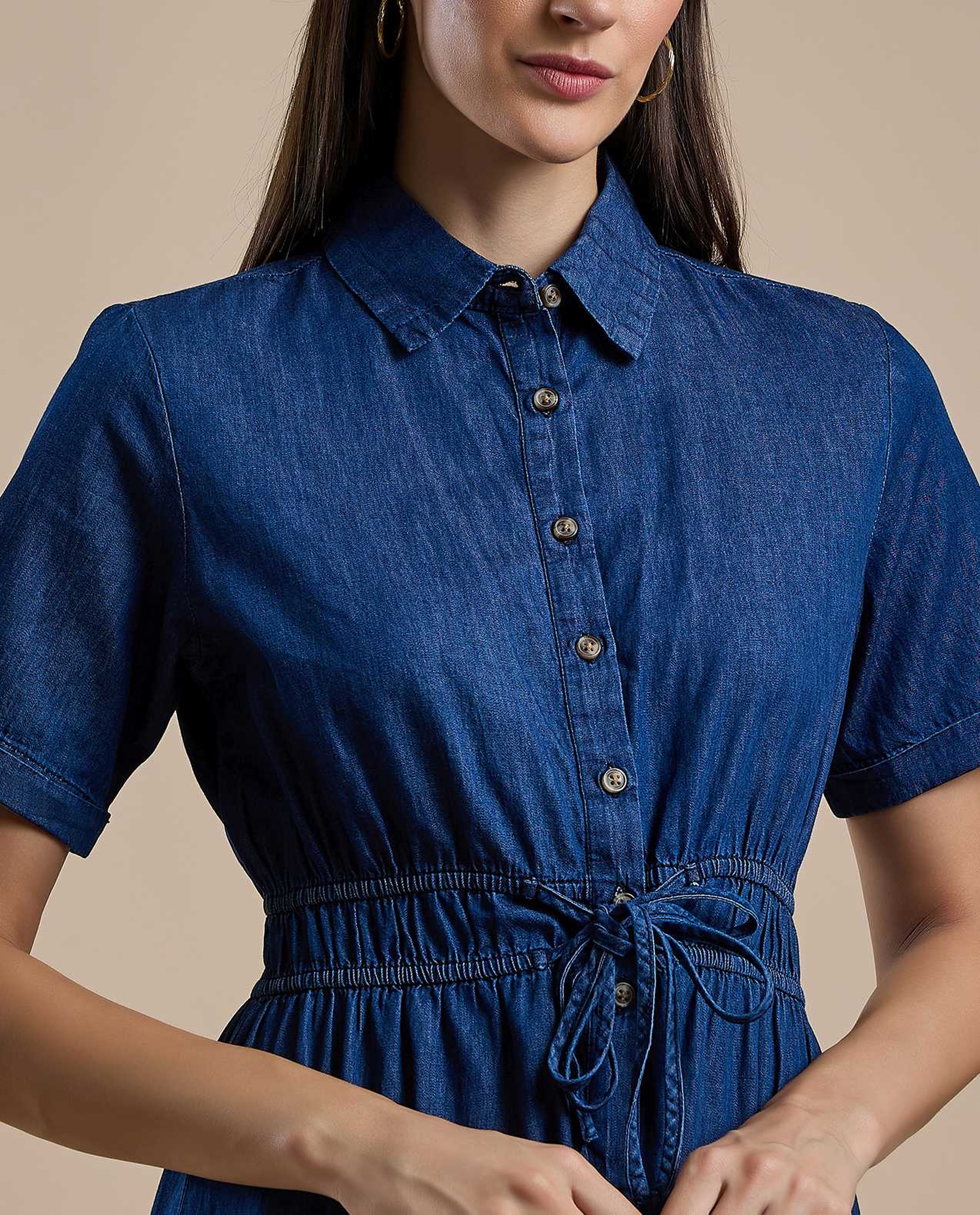 Solid Shirt Dress with Classic Collar and Short Sleeves