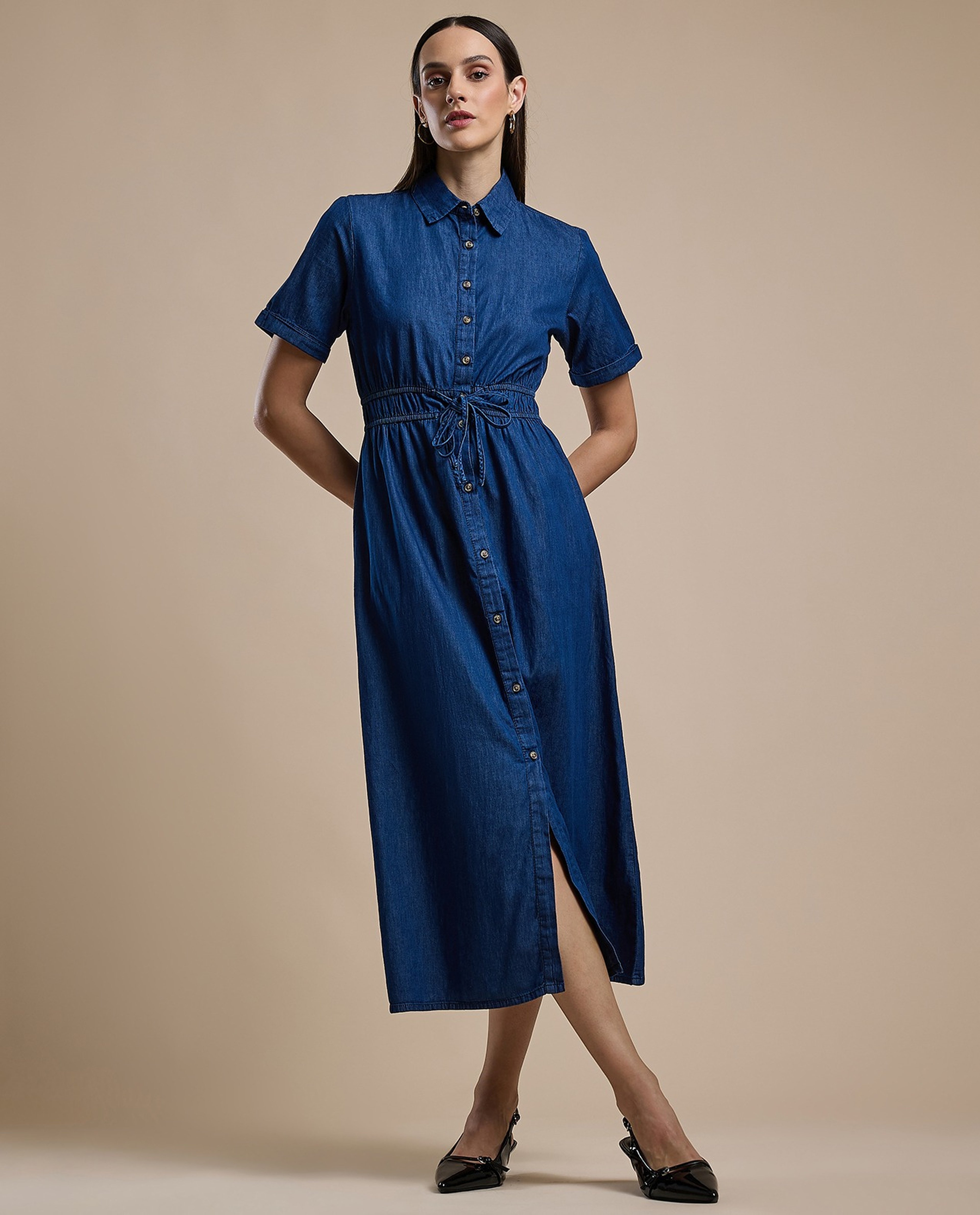 Solid Shirt Dress with Classic Collar and Short Sleeves