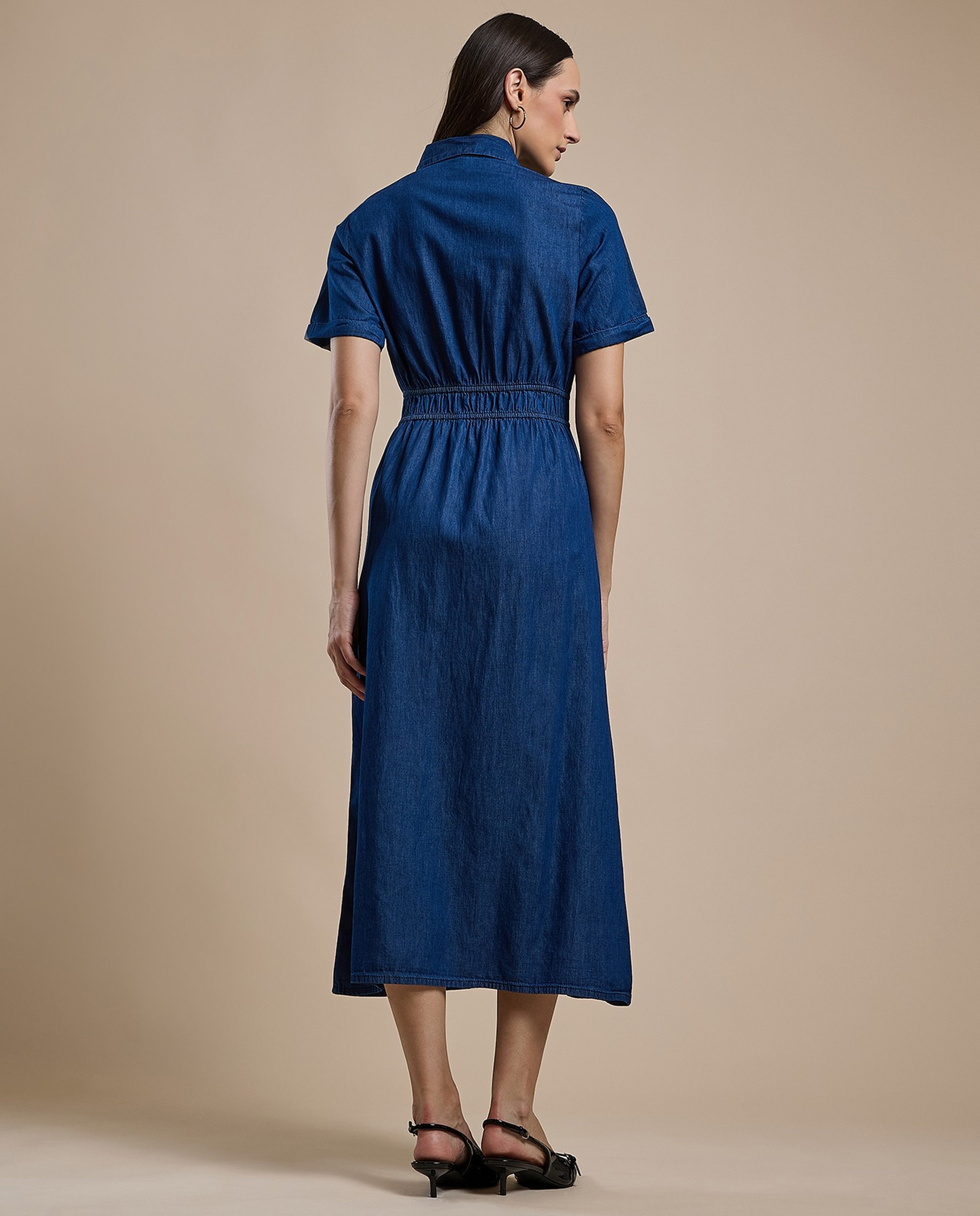 Solid Shirt Dress with Classic Collar and Short Sleeves