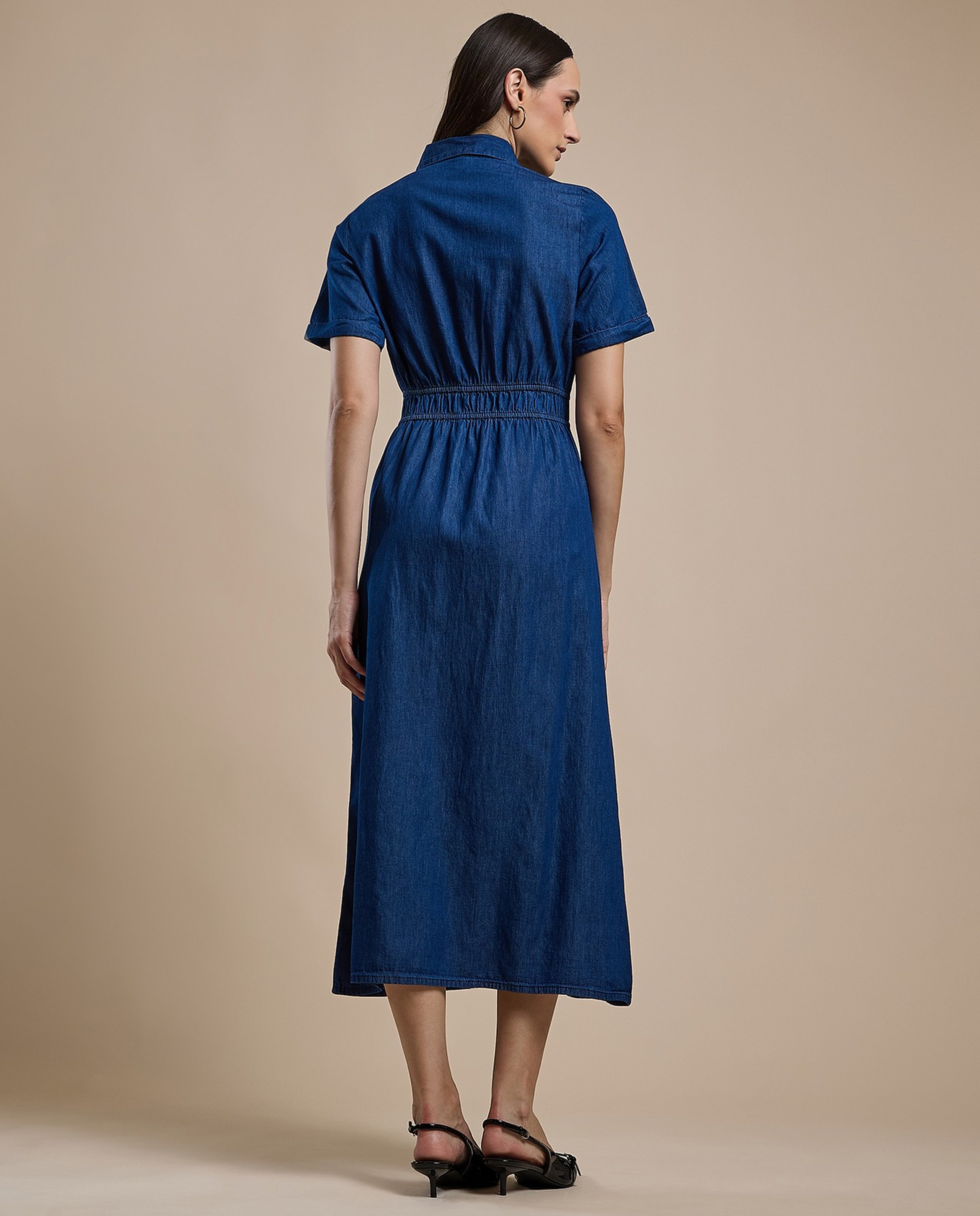 Solid Shirt Dress with Classic Collar and Short Sleeves