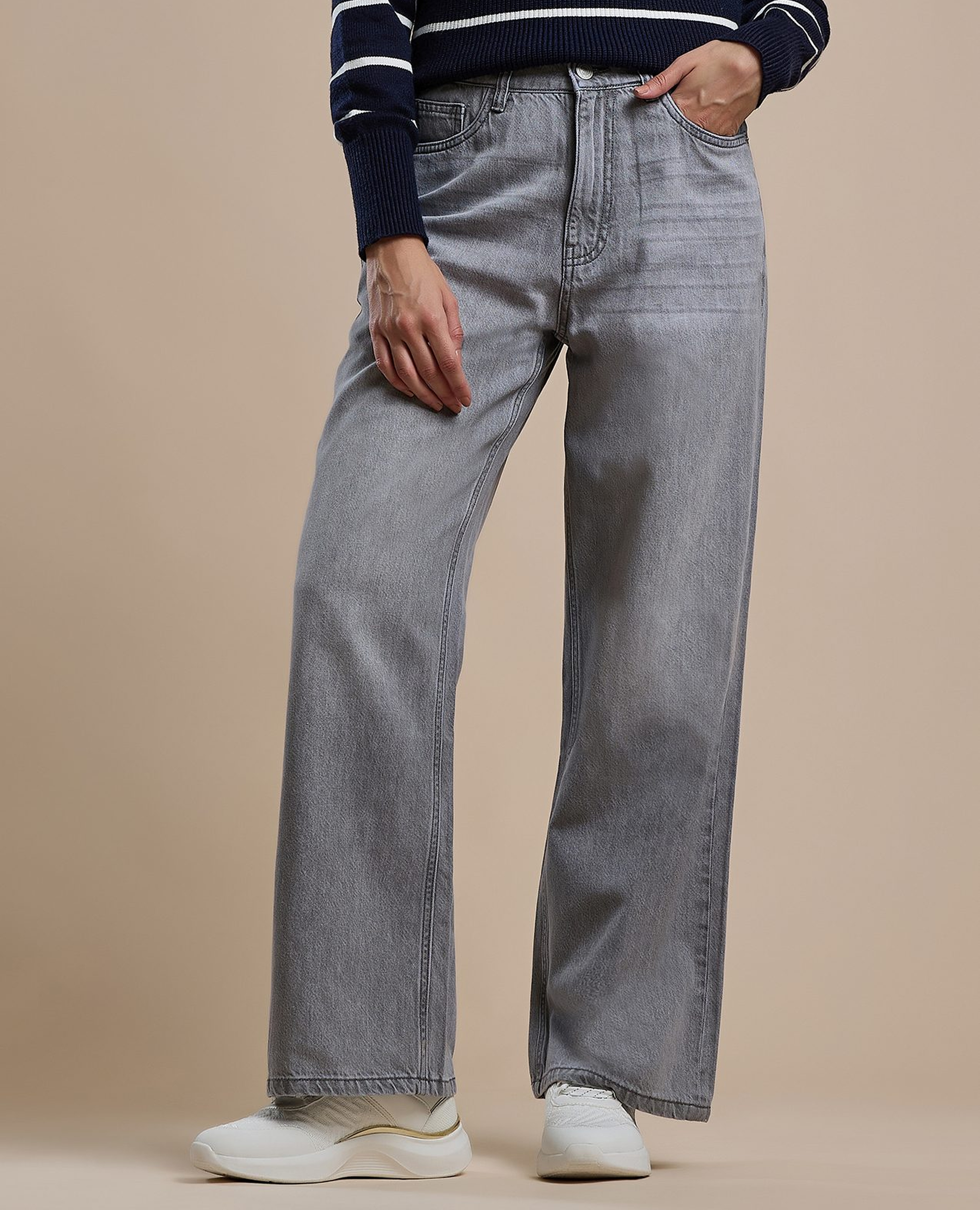 Washed Straight Fit Jeans with Button Closure