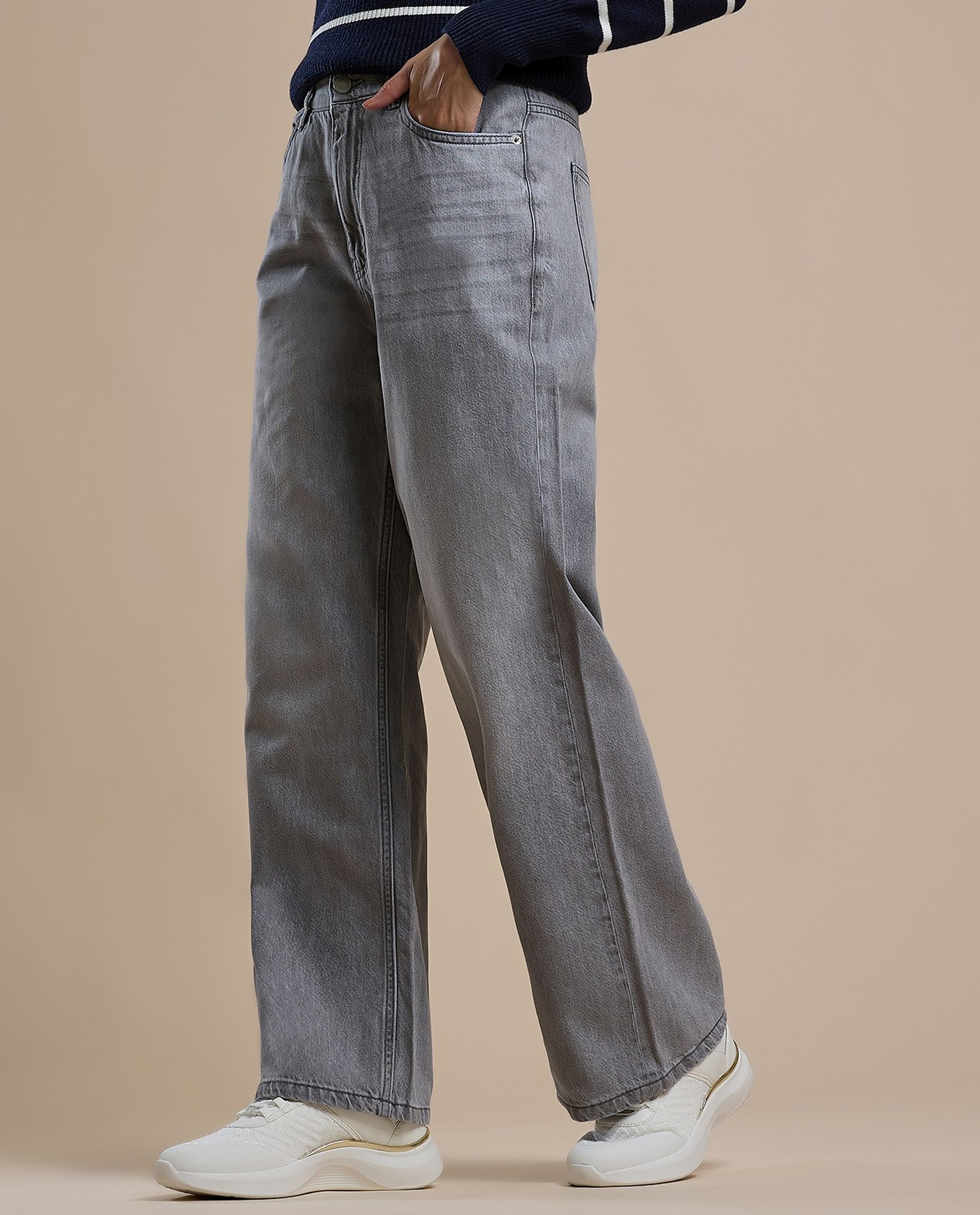 Washed Straight Fit Jeans with Button Closure