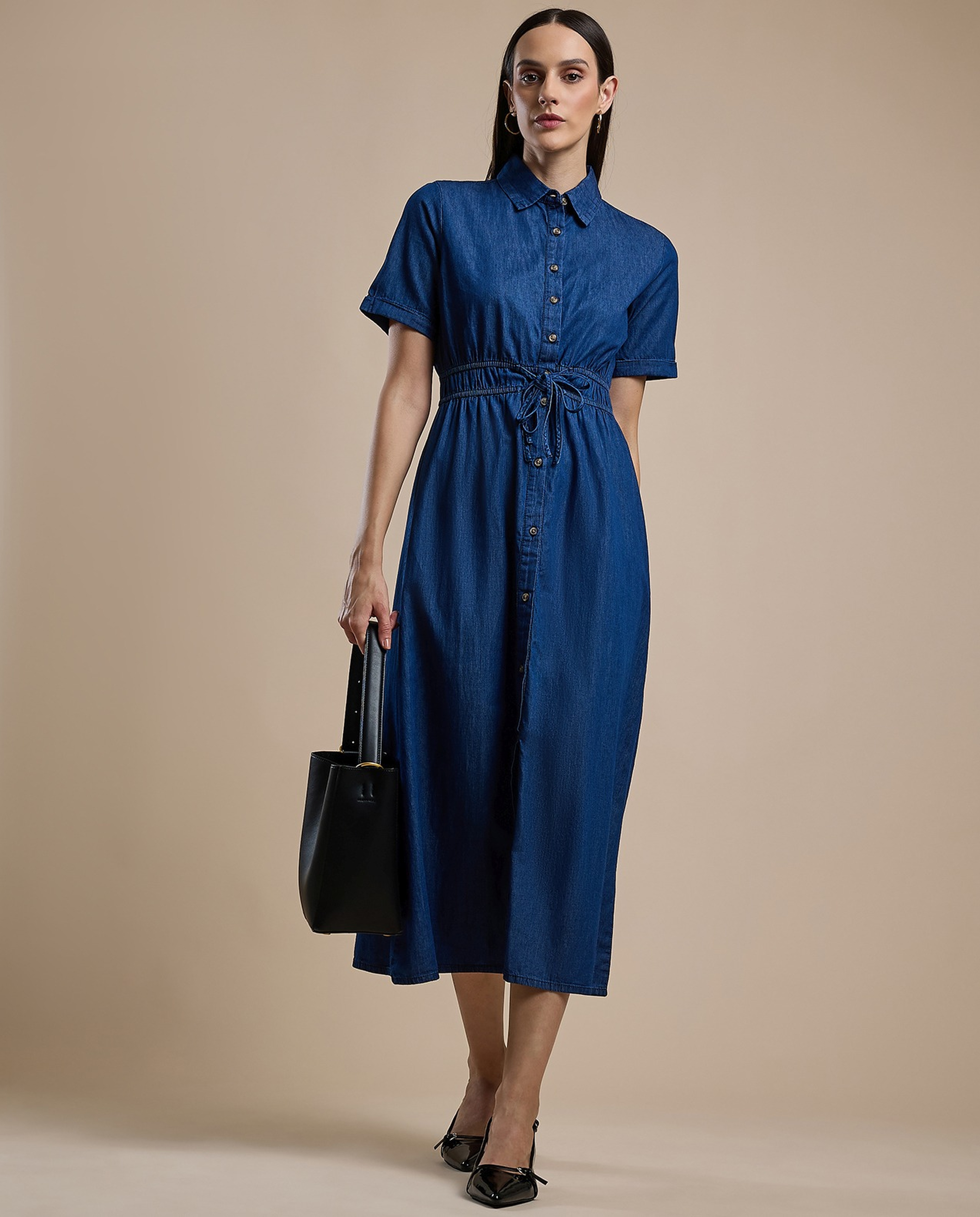 Solid Shirt Dress with Classic Collar and Short Sleeves