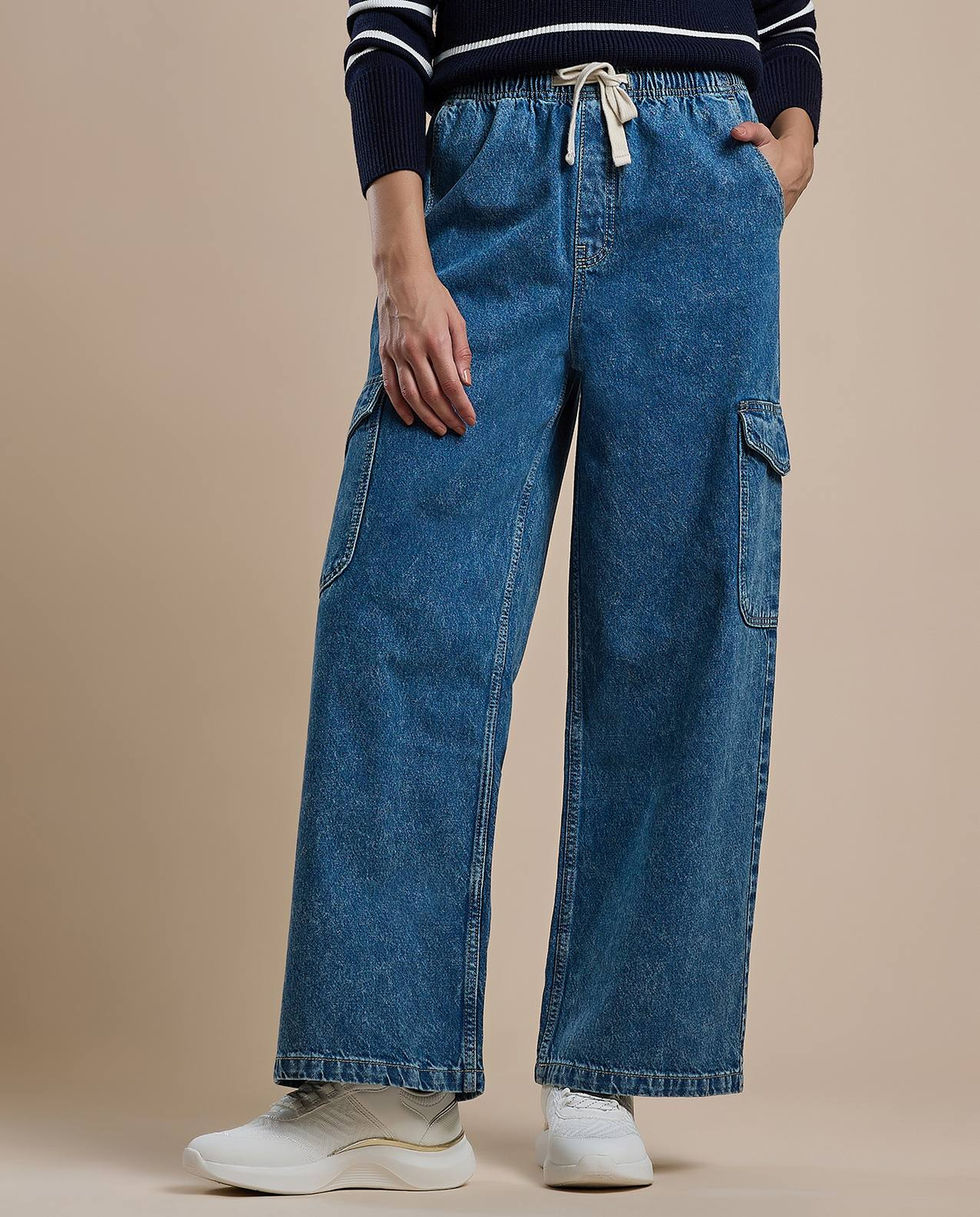 Washed Cargo Jeans with Drawstring Waist