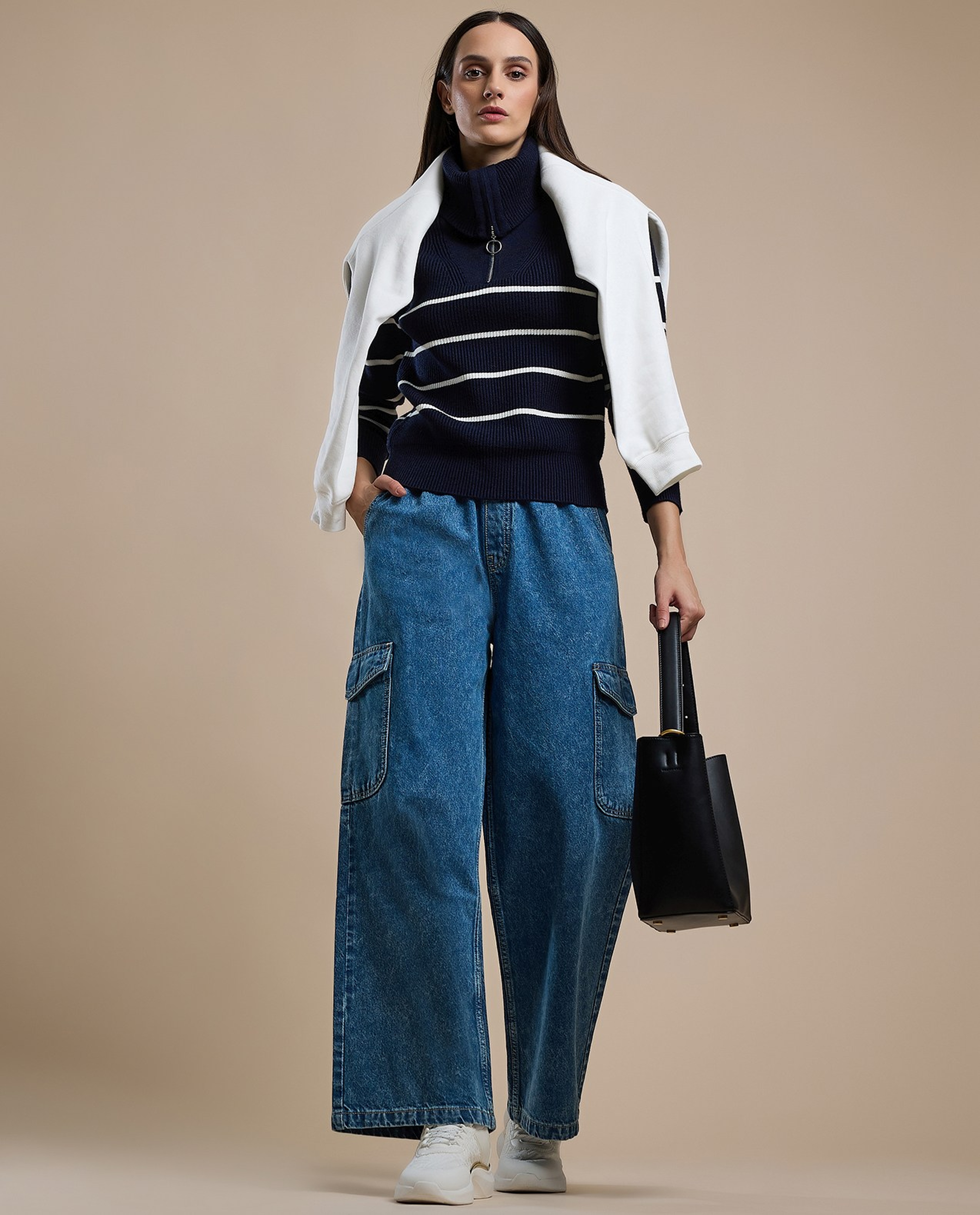 Washed Cargo Jeans with Drawstring Waist