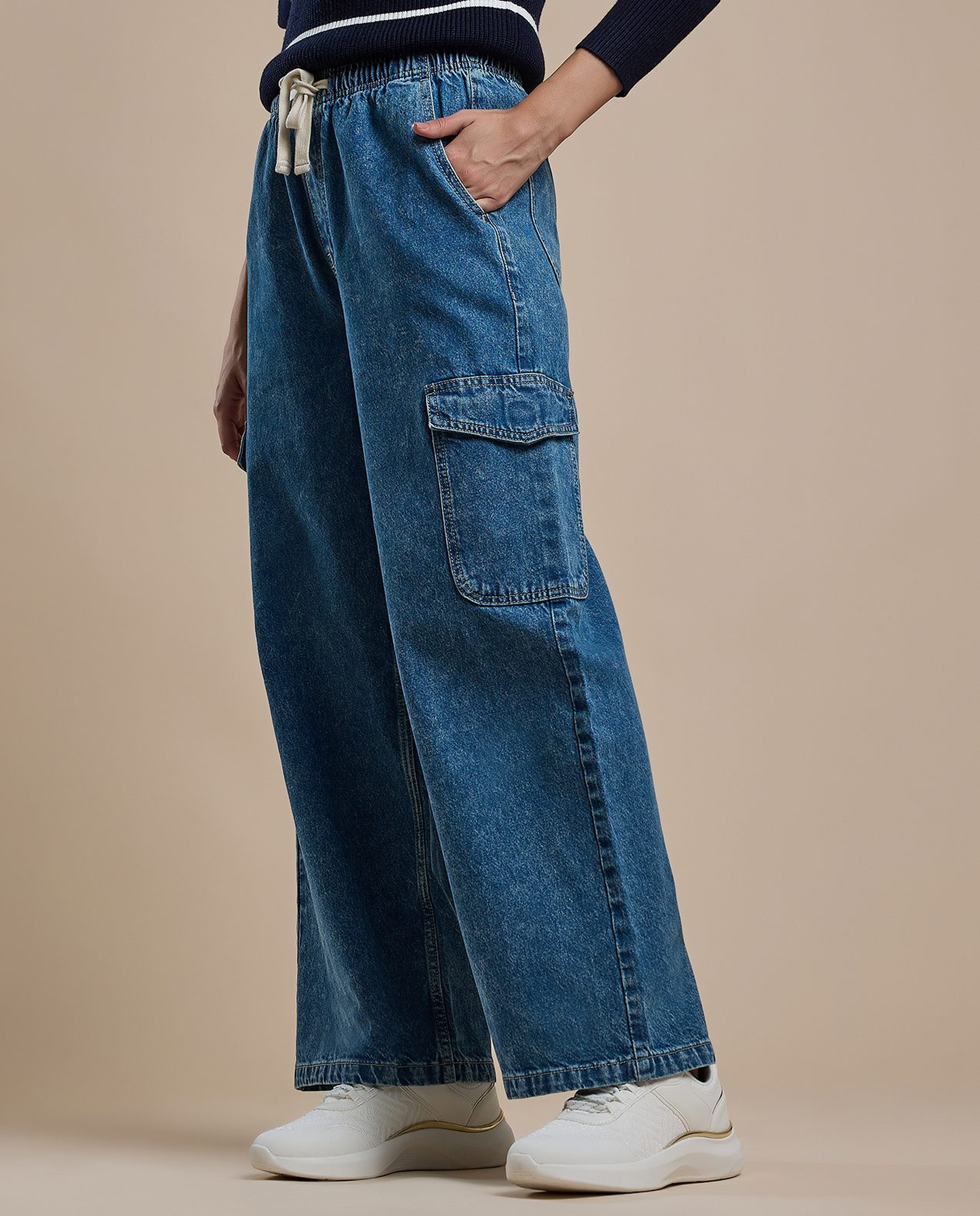 Washed Cargo Jeans with Drawstring Waist