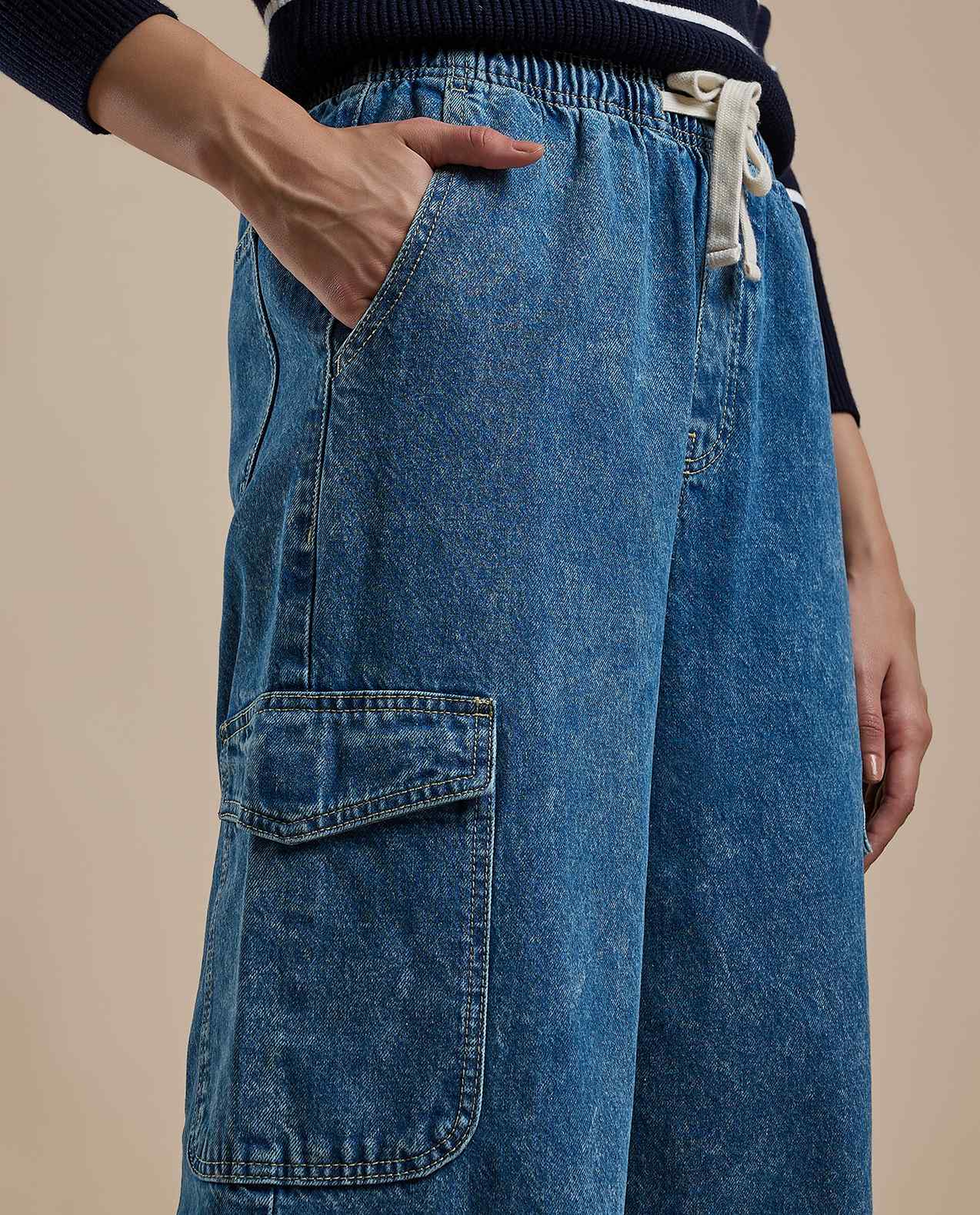 Washed Cargo Jeans with Drawstring Waist