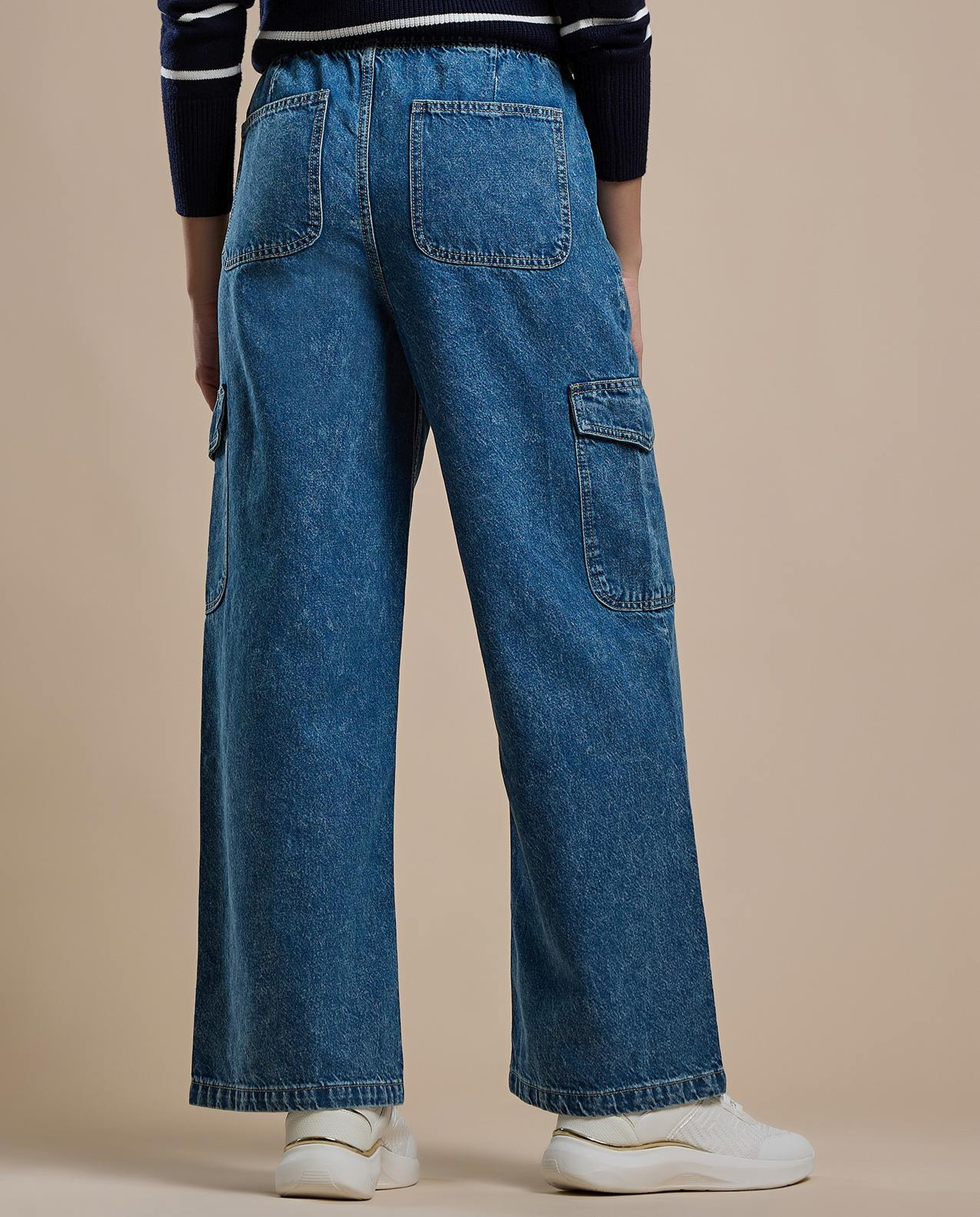Washed Cargo Jeans with Drawstring Waist