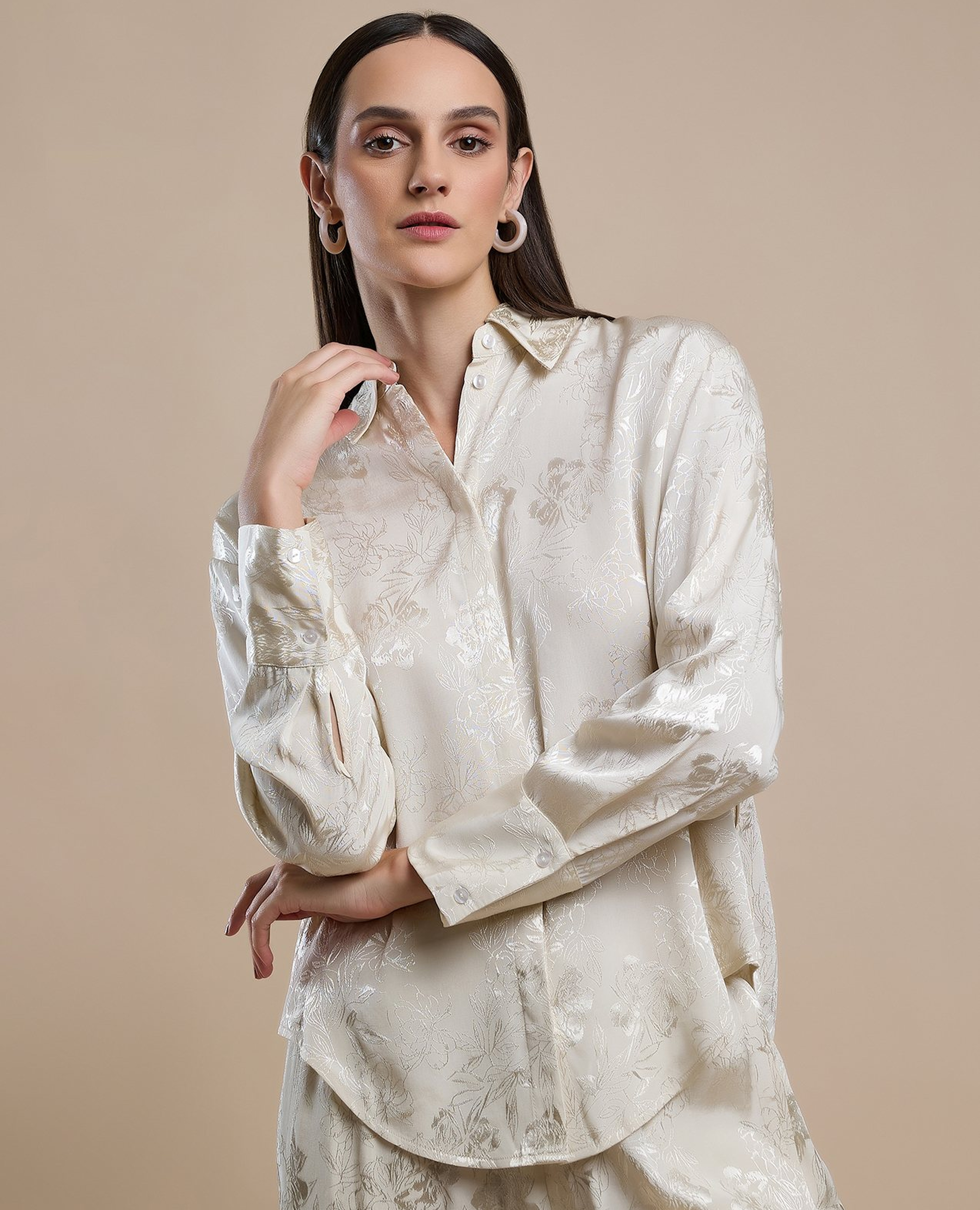 Self Design Shirt with Classic Collar and Long Sleeves