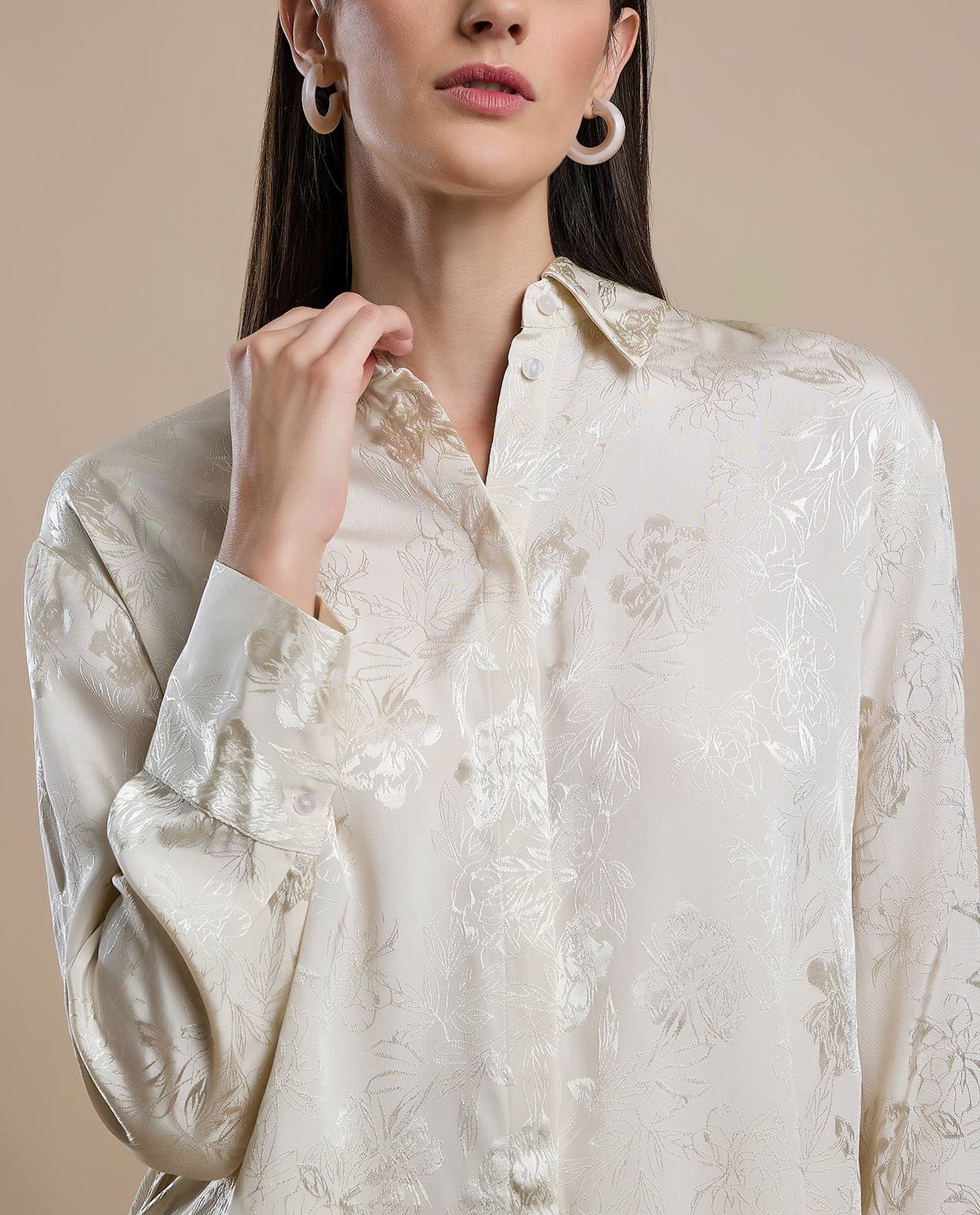 Self Design Shirt with Classic Collar and Long Sleeves