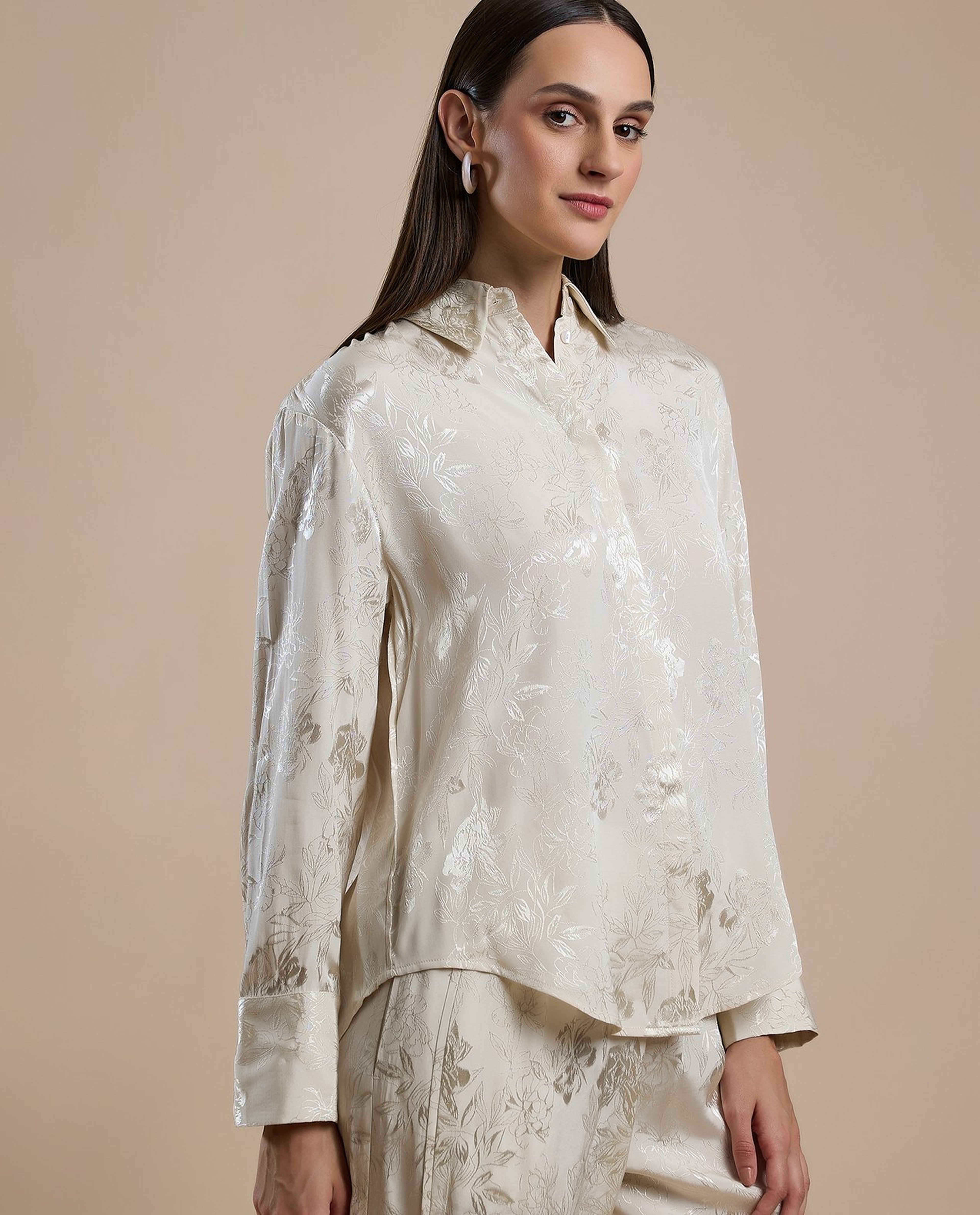 Self Design Shirt with Classic Collar and Long Sleeves