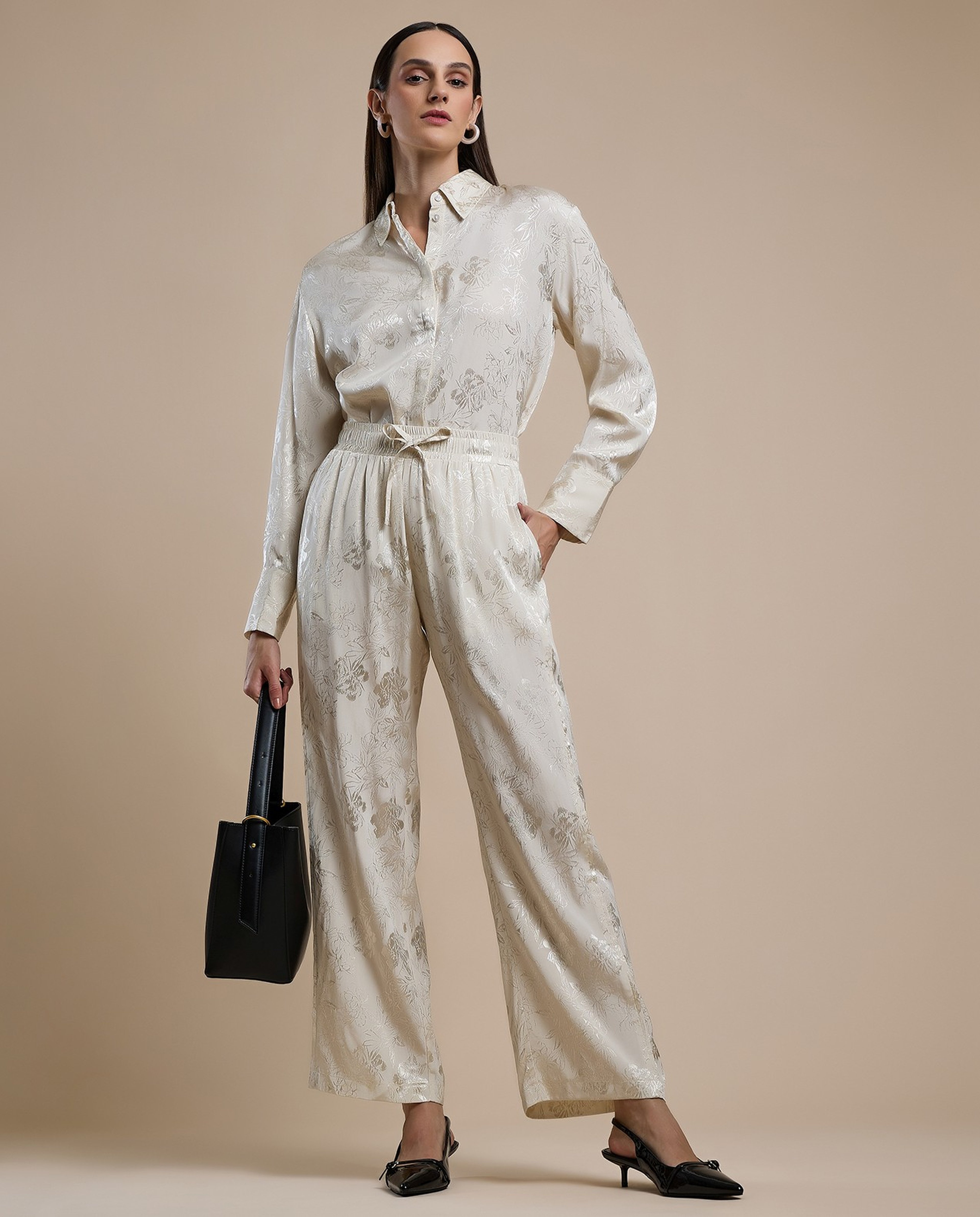 Self Design Shirt with Classic Collar and Long Sleeves