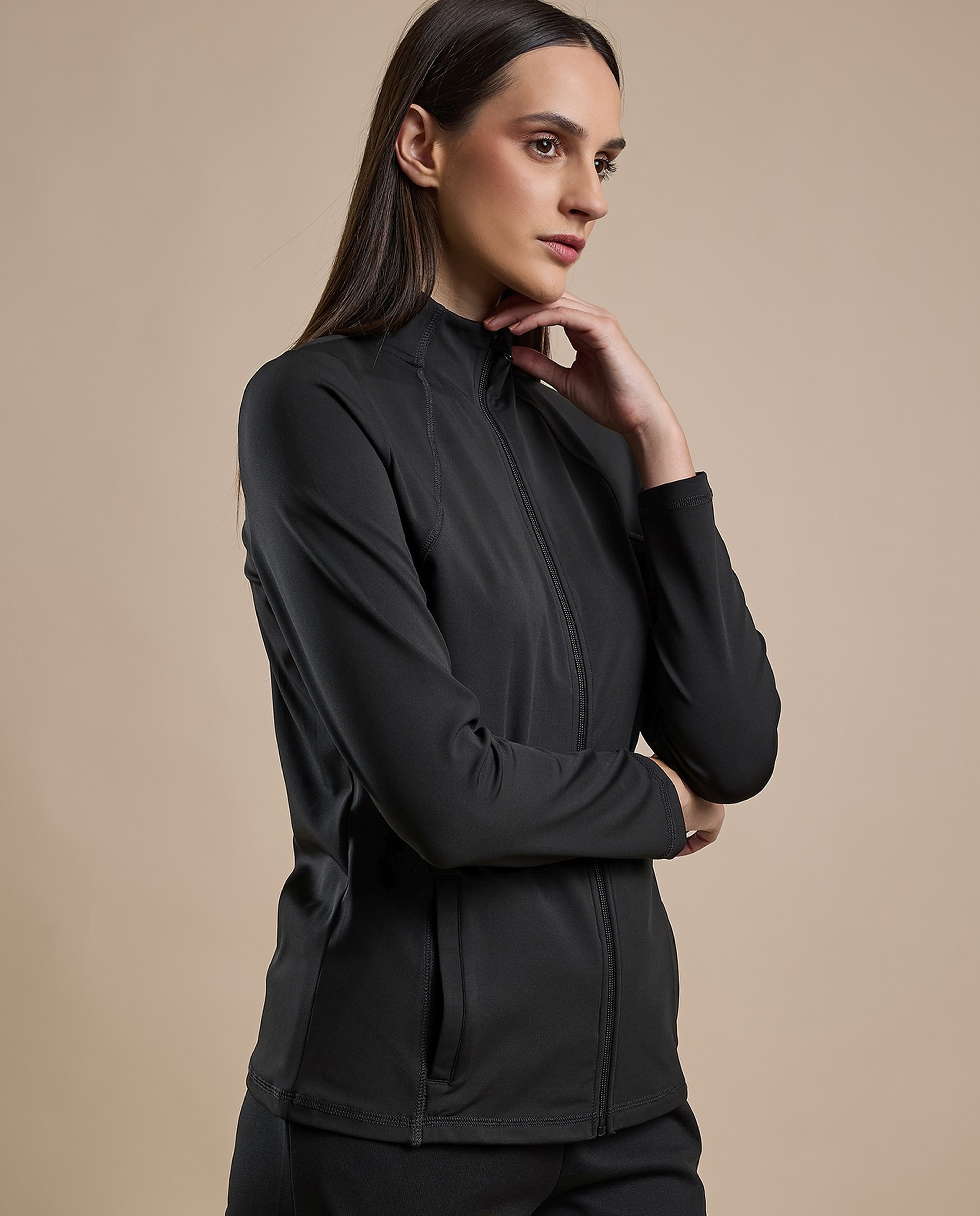 Solid Active Jacket with Zipper Closure