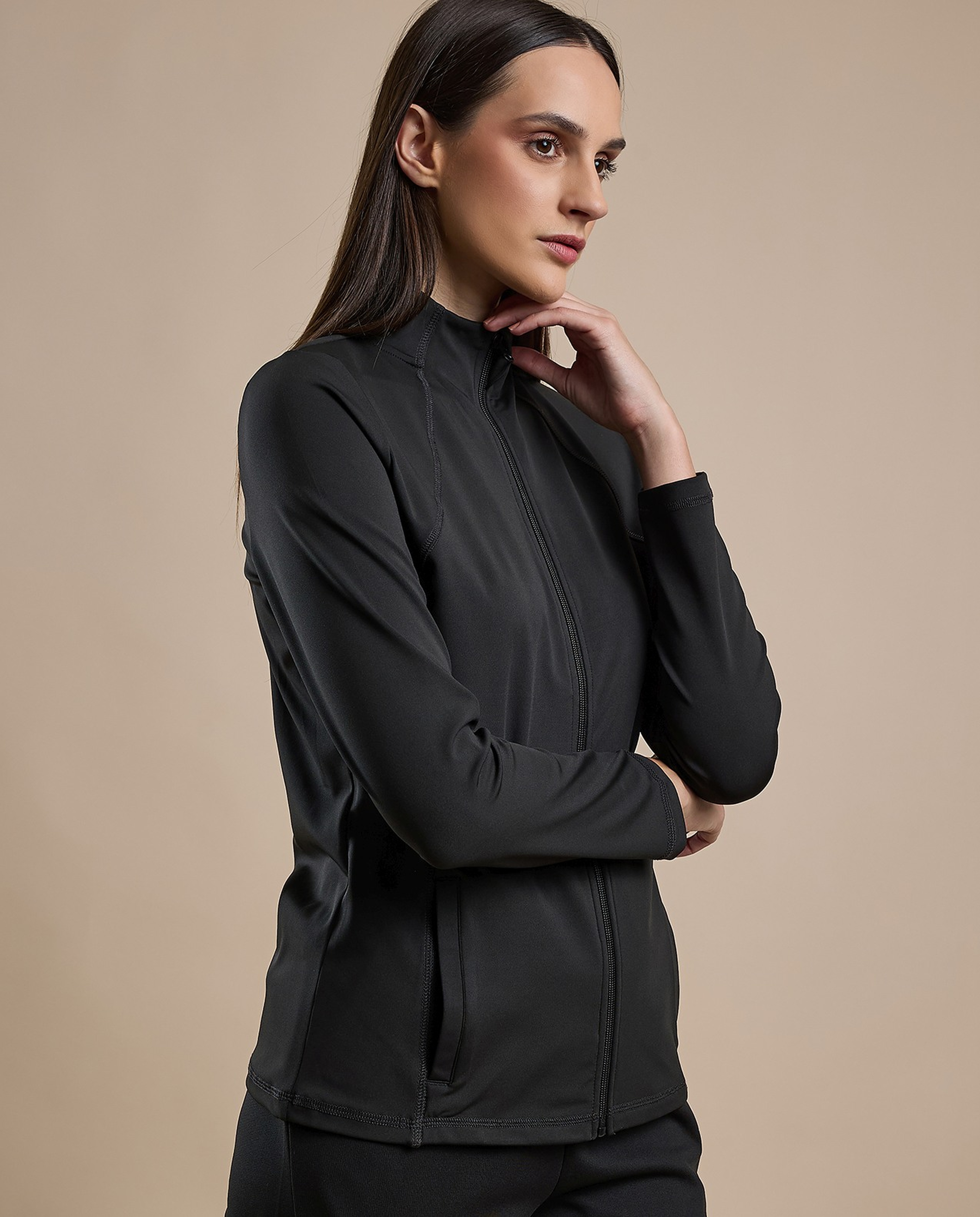 Solid Active Jacket with Zipper Closure