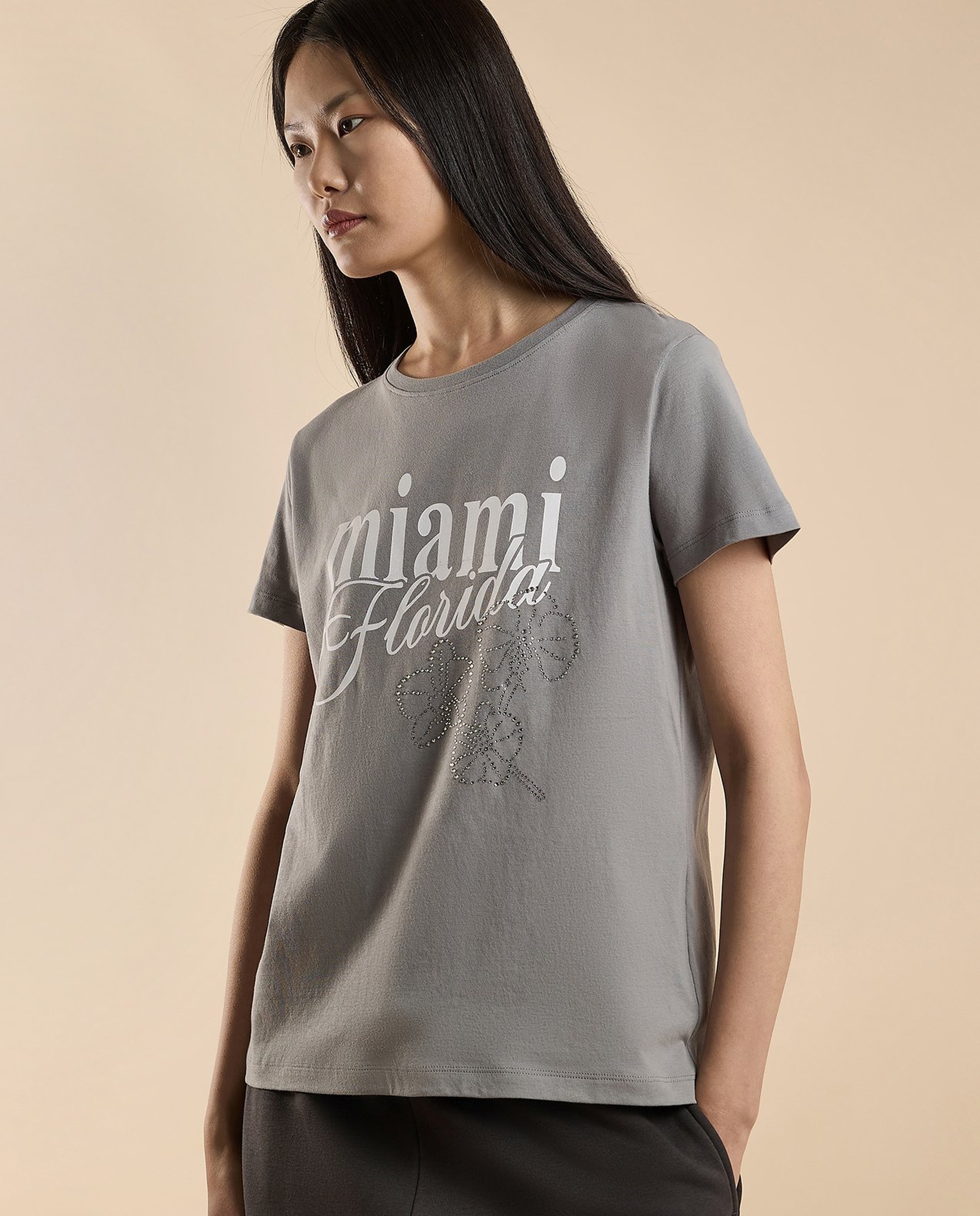 Typography Print T-Shirt with Crew Neck and Short Sleeves