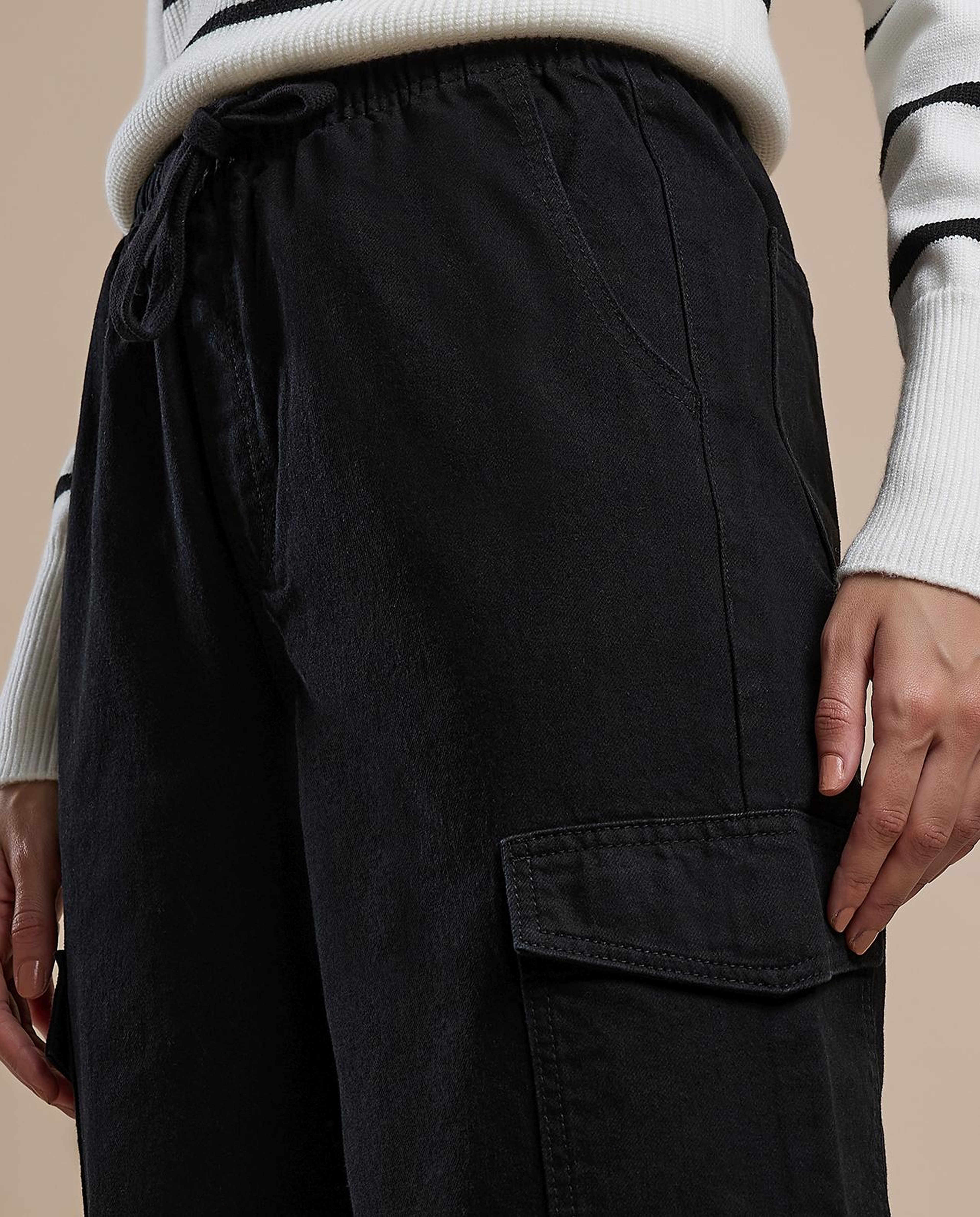 Solid Cargo Jeans with Drawstring Waist