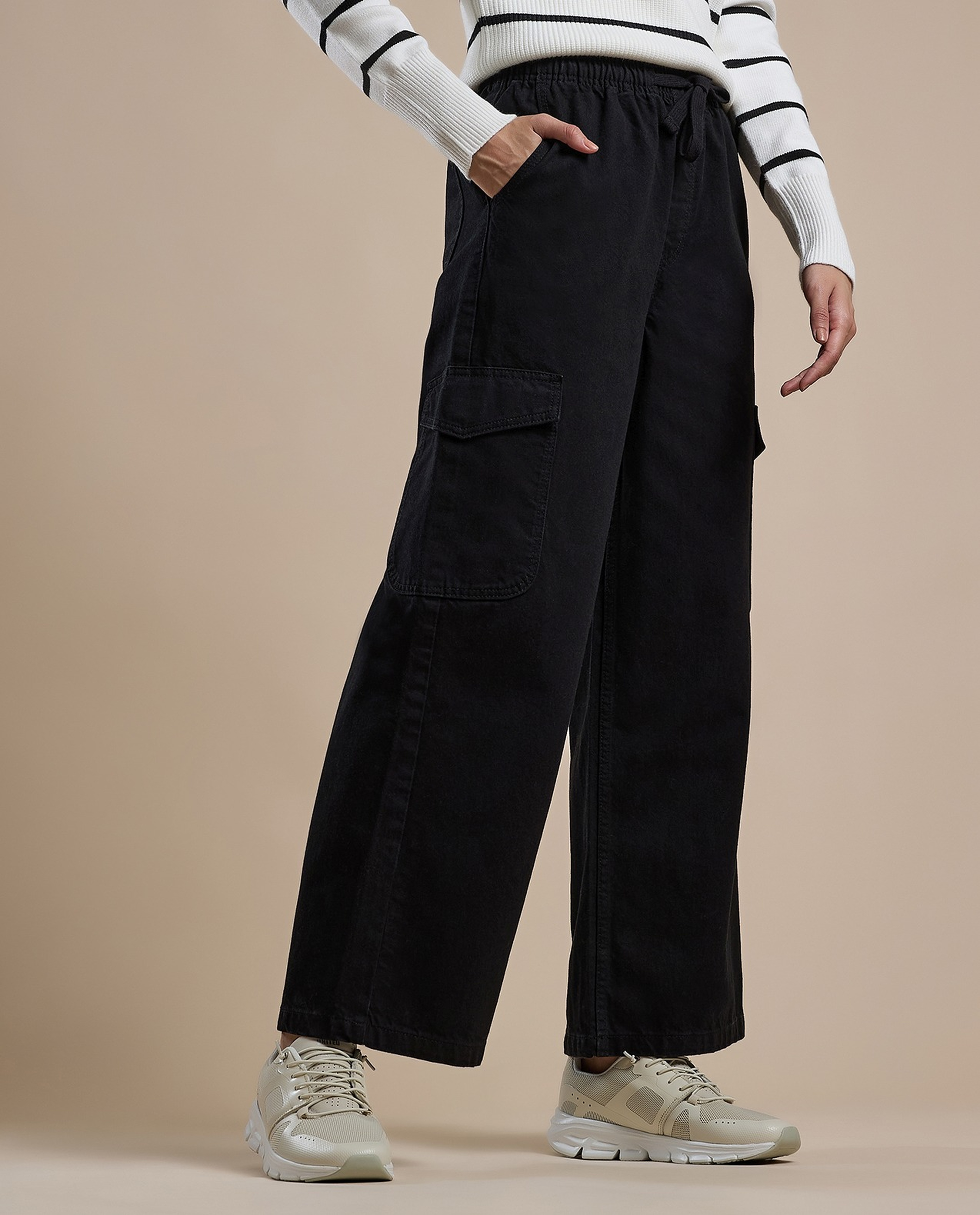Solid Cargo Jeans with Drawstring Waist