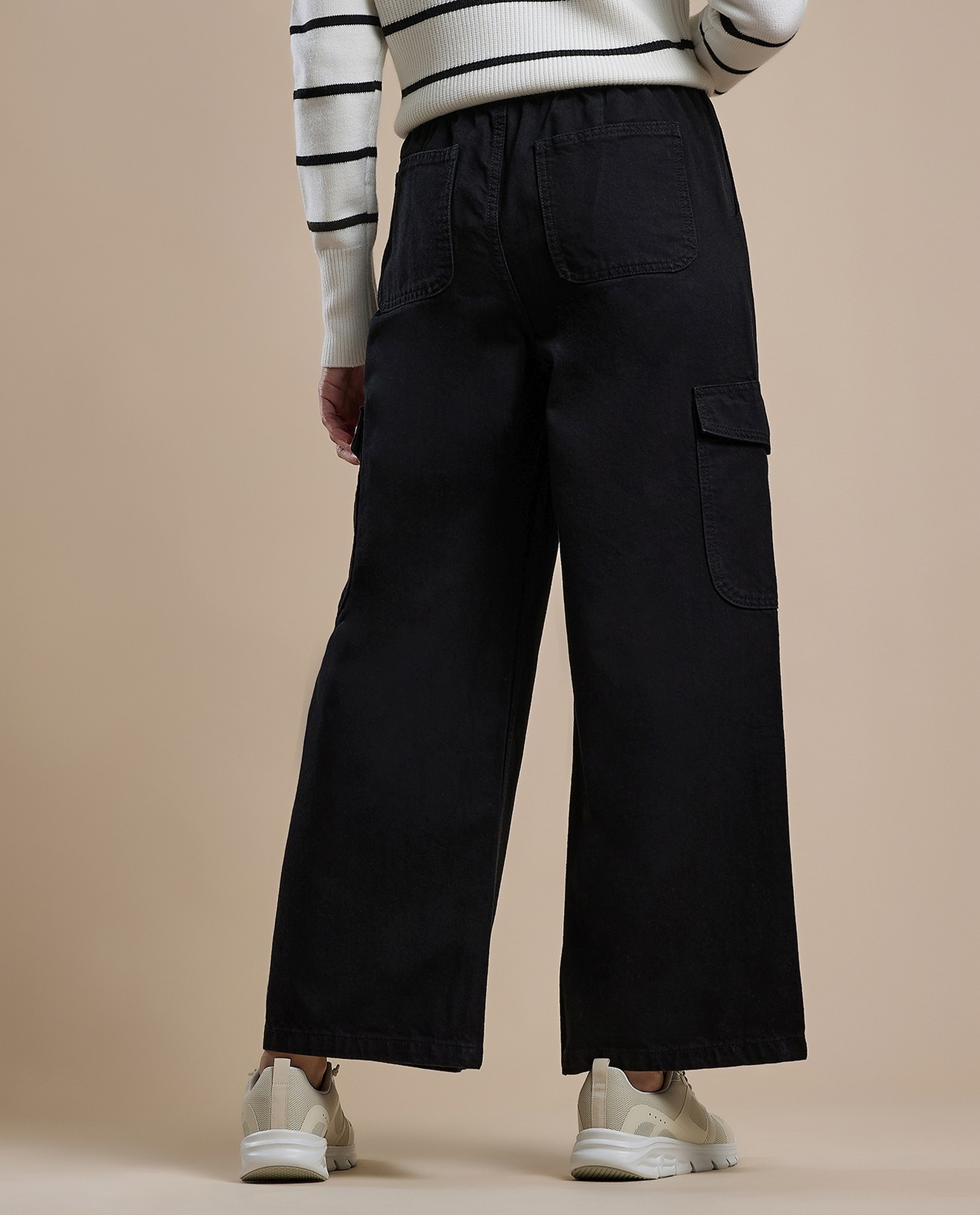 Solid Cargo Jeans with Drawstring Waist