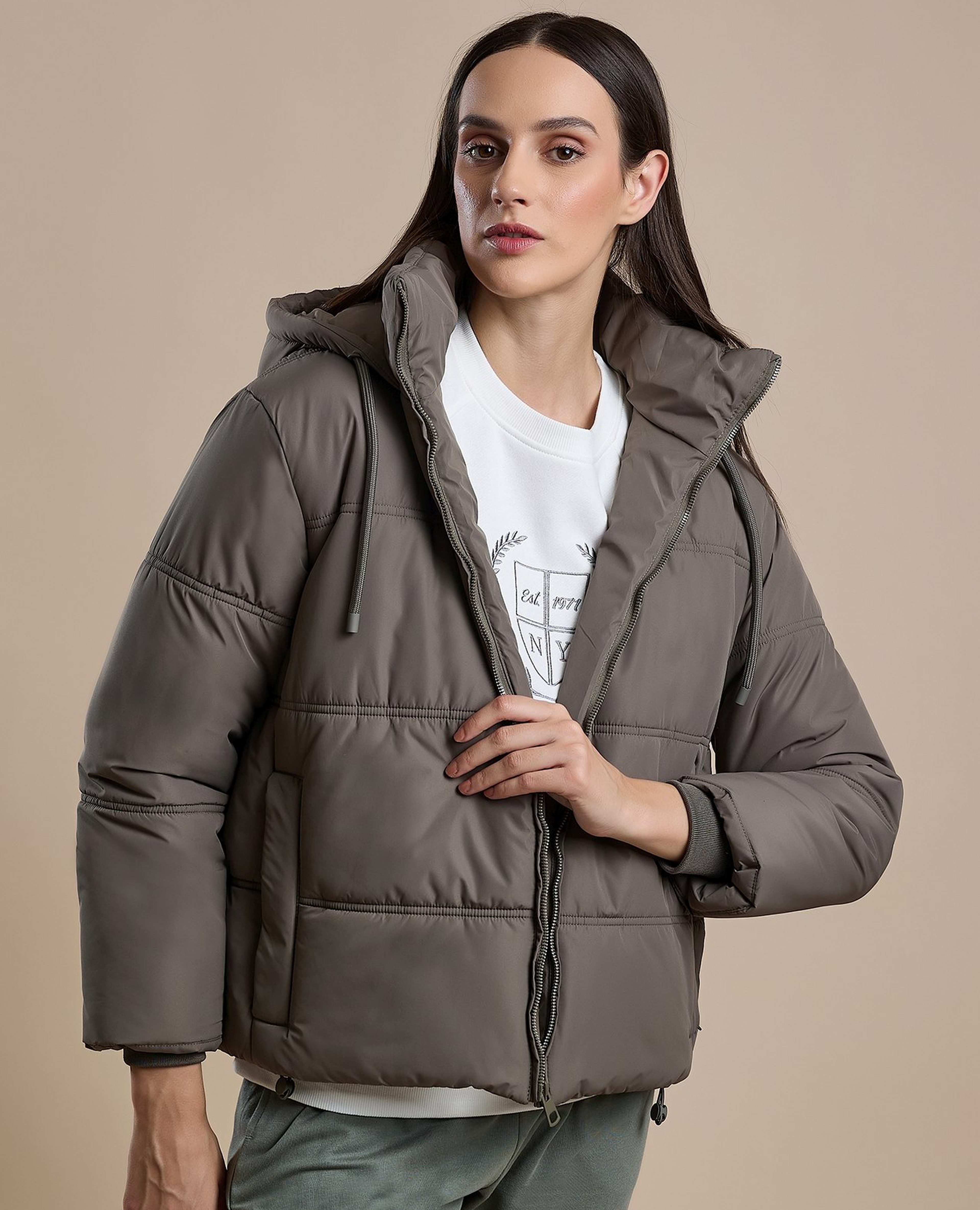 Quilted Hooded Puffer Jacket with Zipper Closure