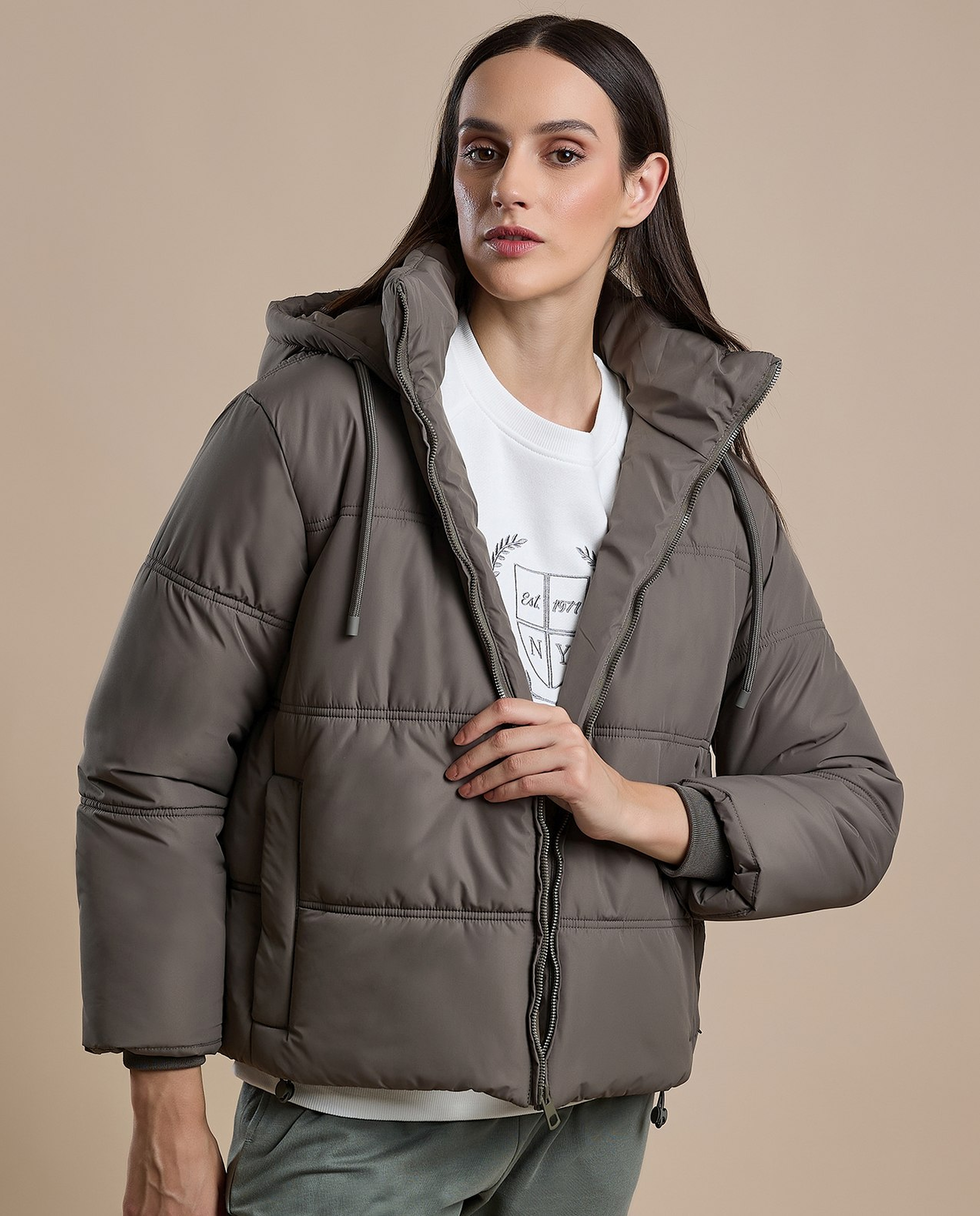 Quilted Hooded Puffer Jacket with Zipper Closure