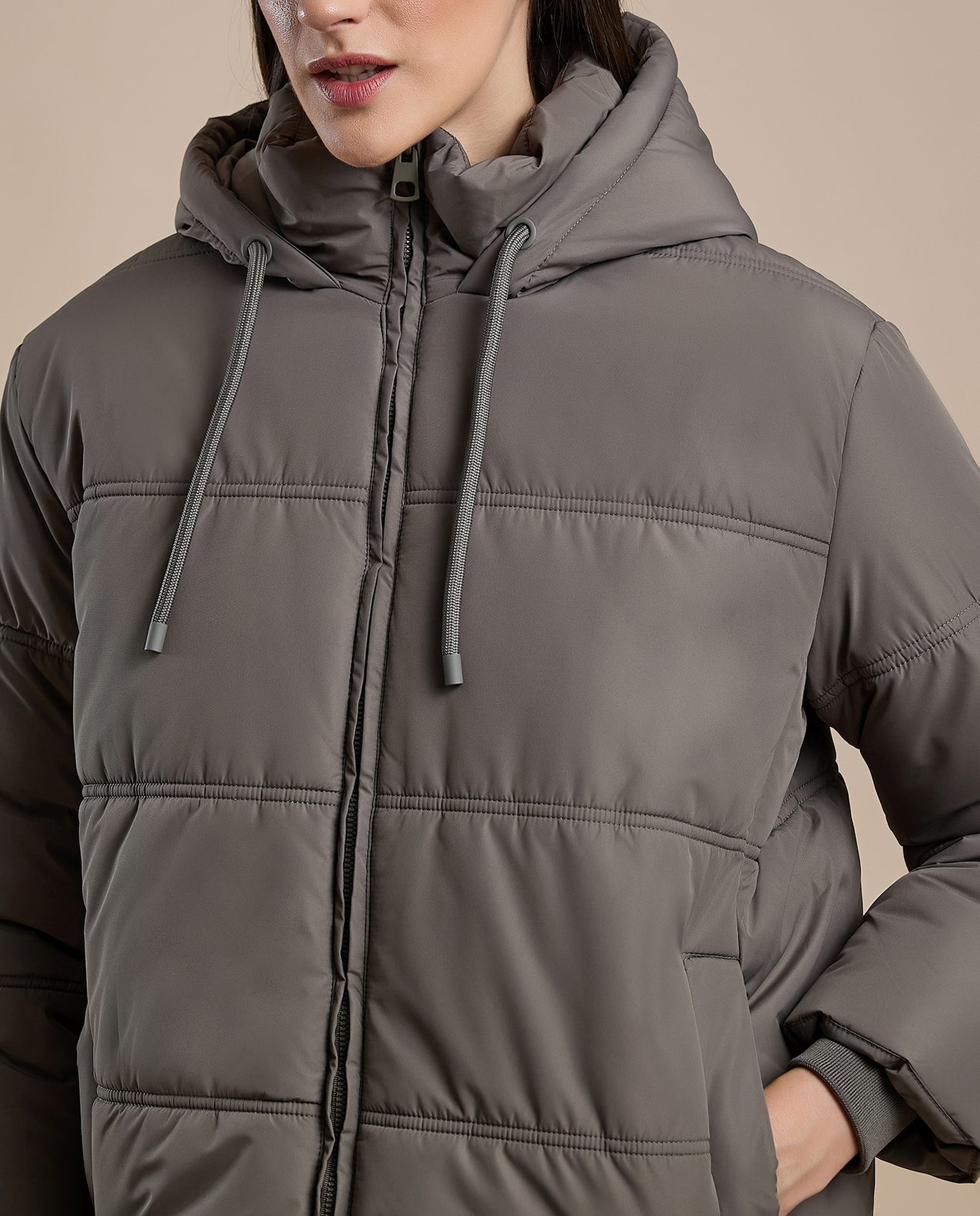 Quilted Hooded Puffer Jacket with Zipper Closure