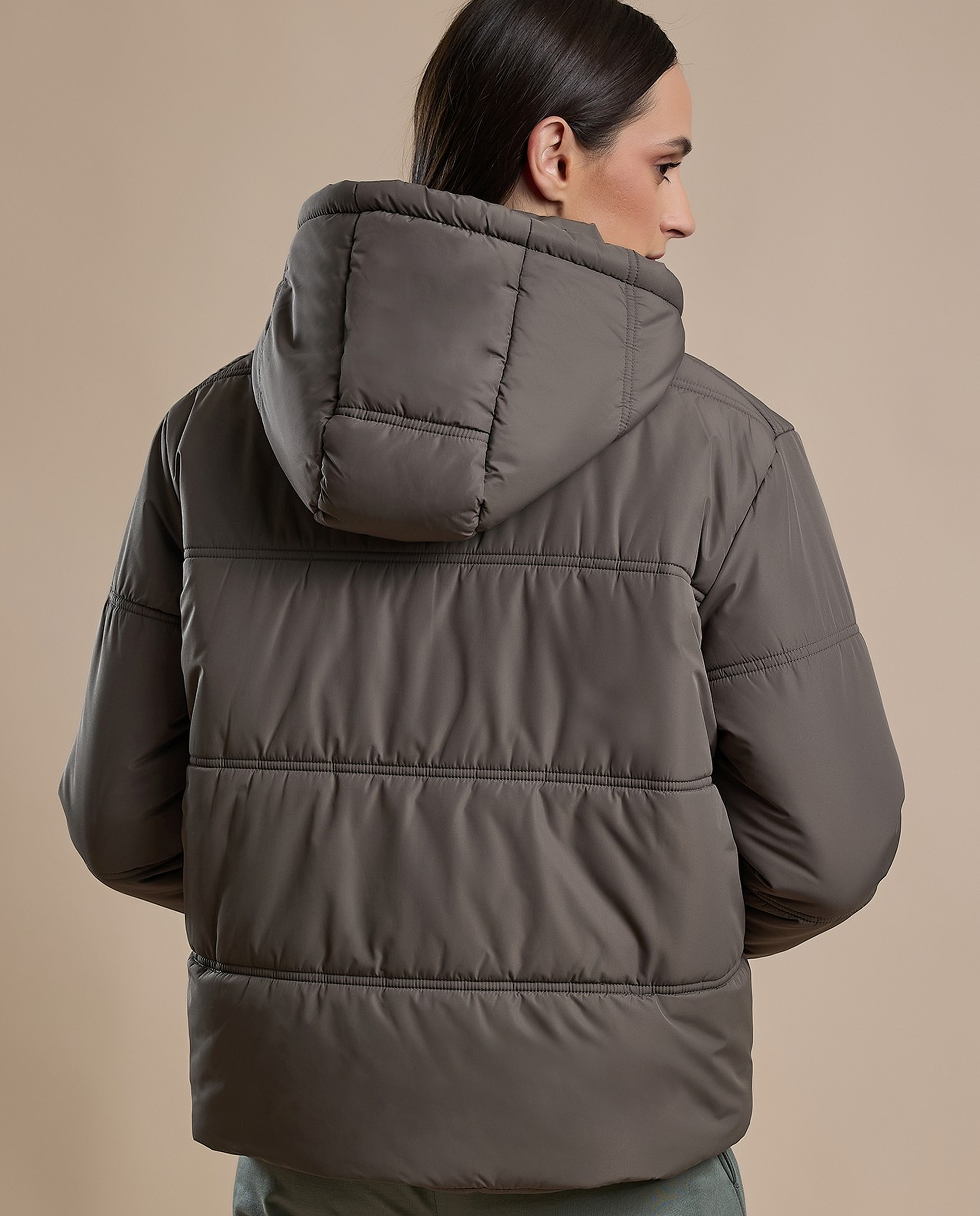 Quilted Hooded Puffer Jacket with Zipper Closure