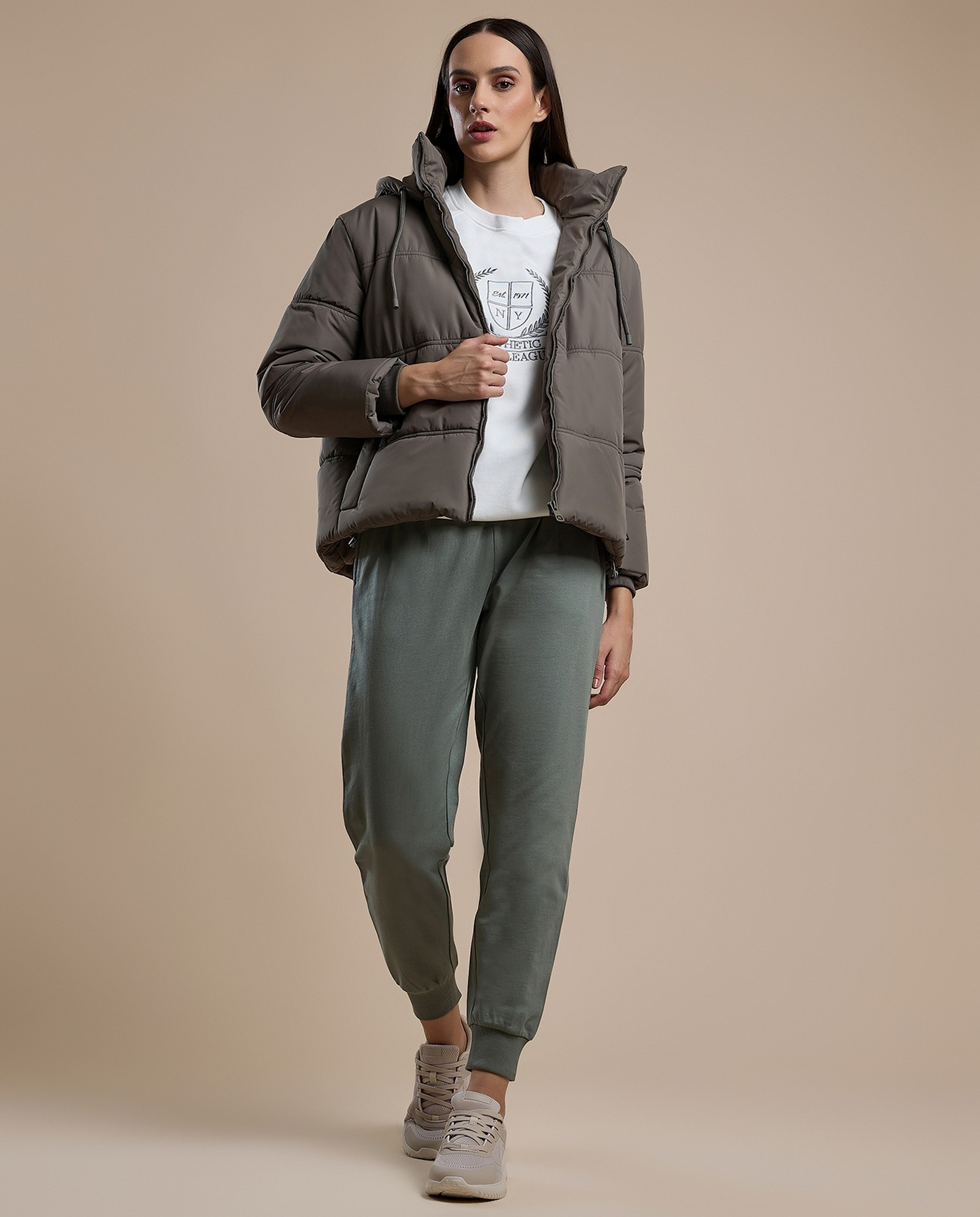 Quilted Hooded Puffer Jacket with Zipper Closure