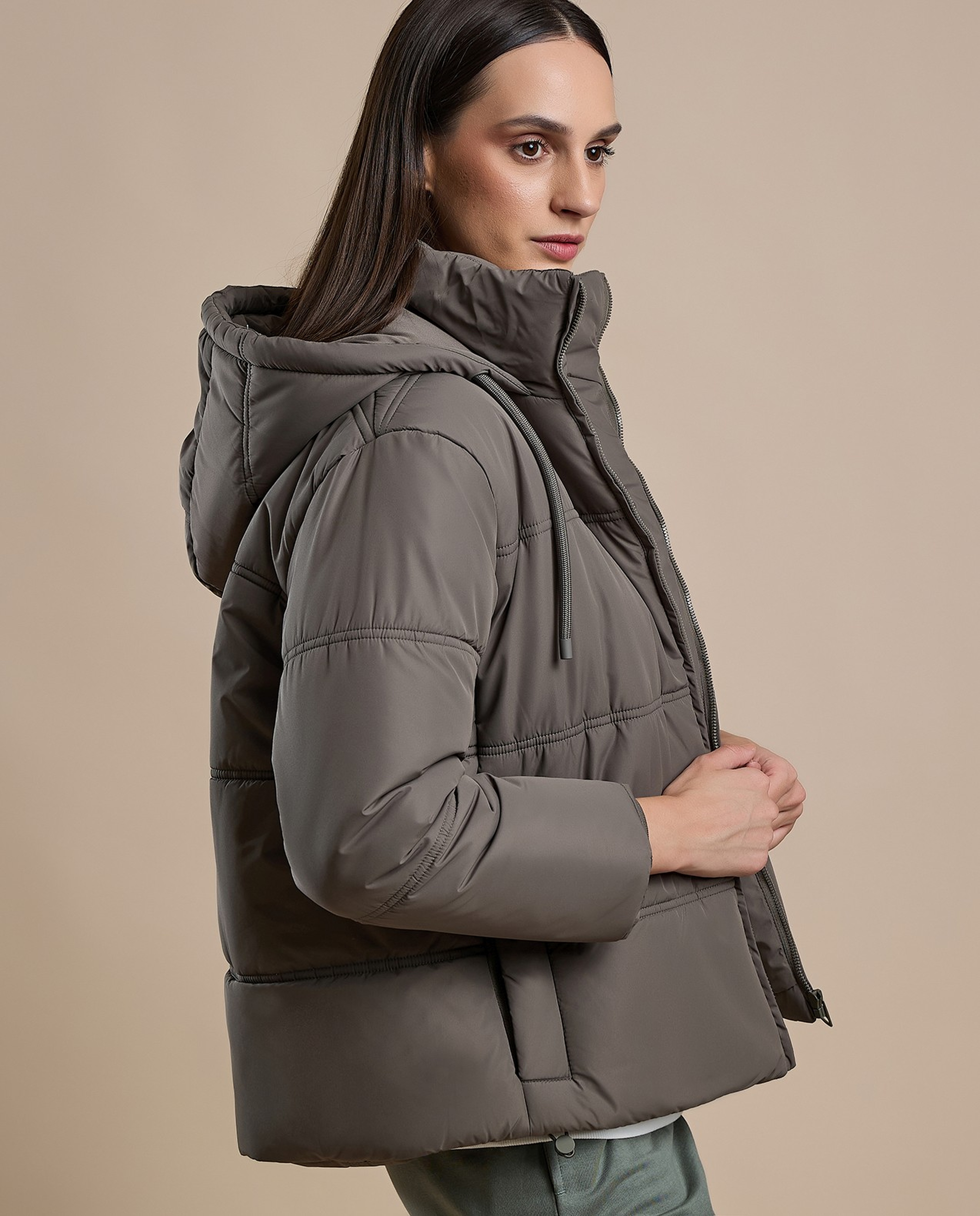 Quilted Hooded Puffer Jacket with Zipper Closure