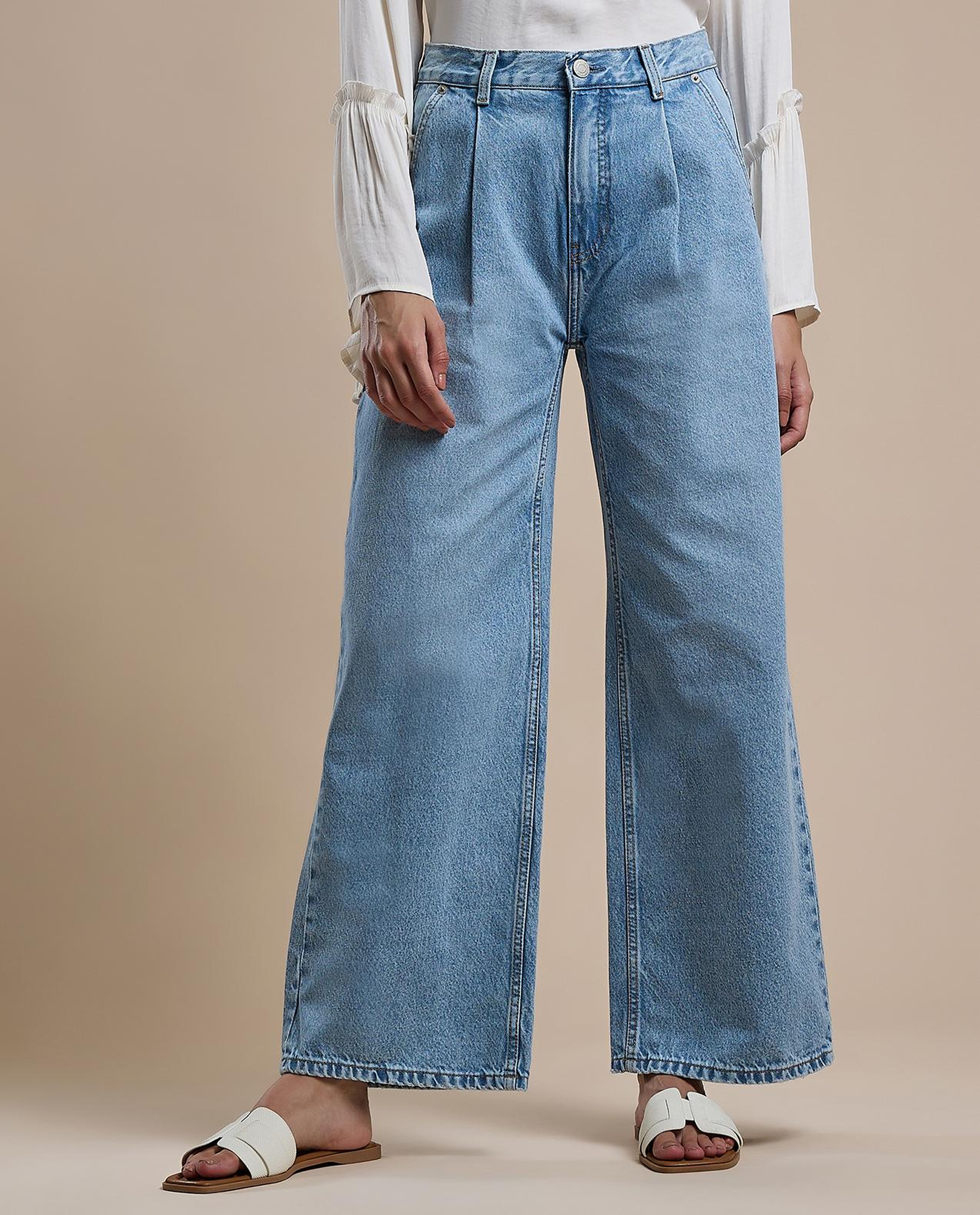 Faded Straight Fit Jeans with Button Closure