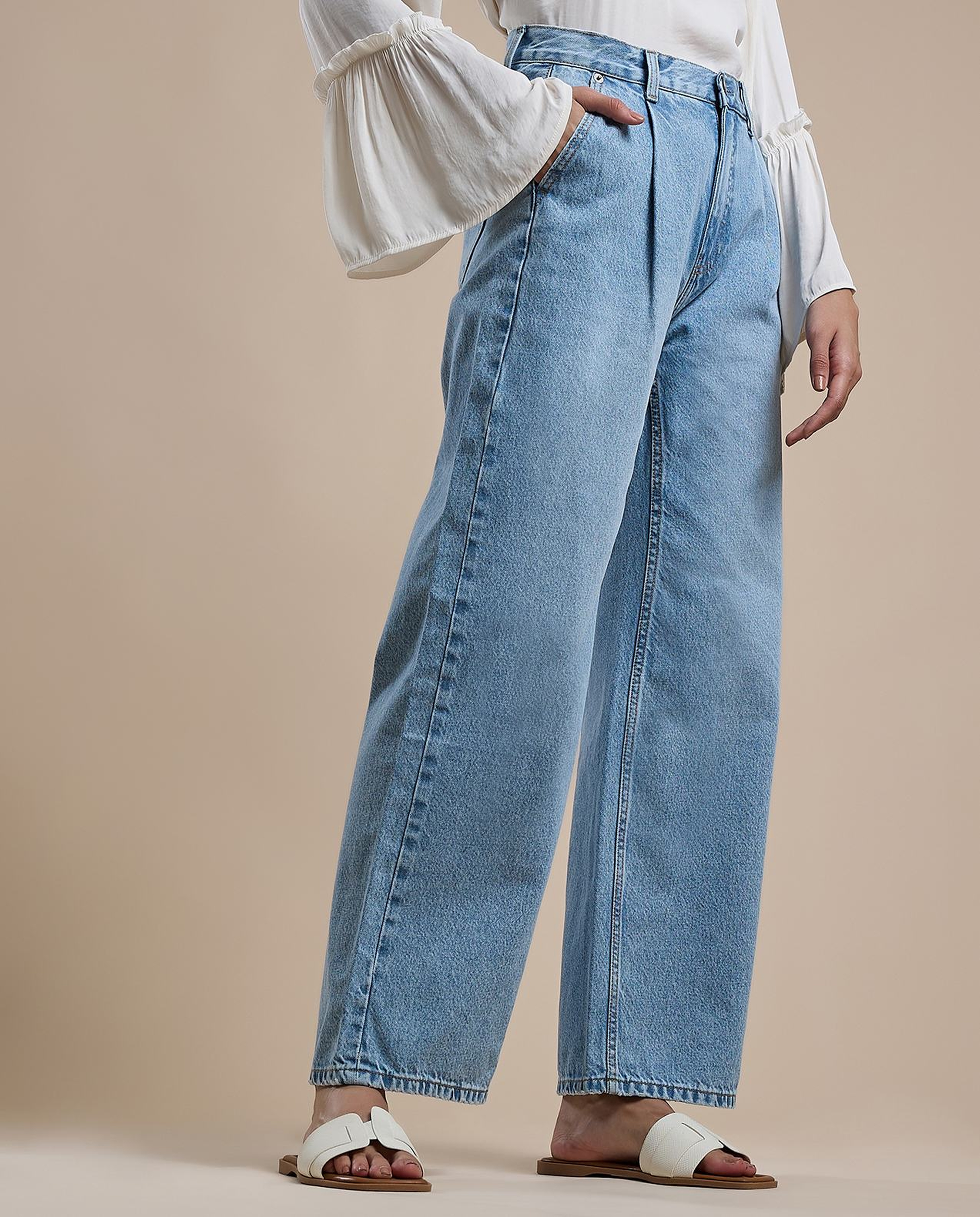 Faded Straight Fit Jeans with Button Closure