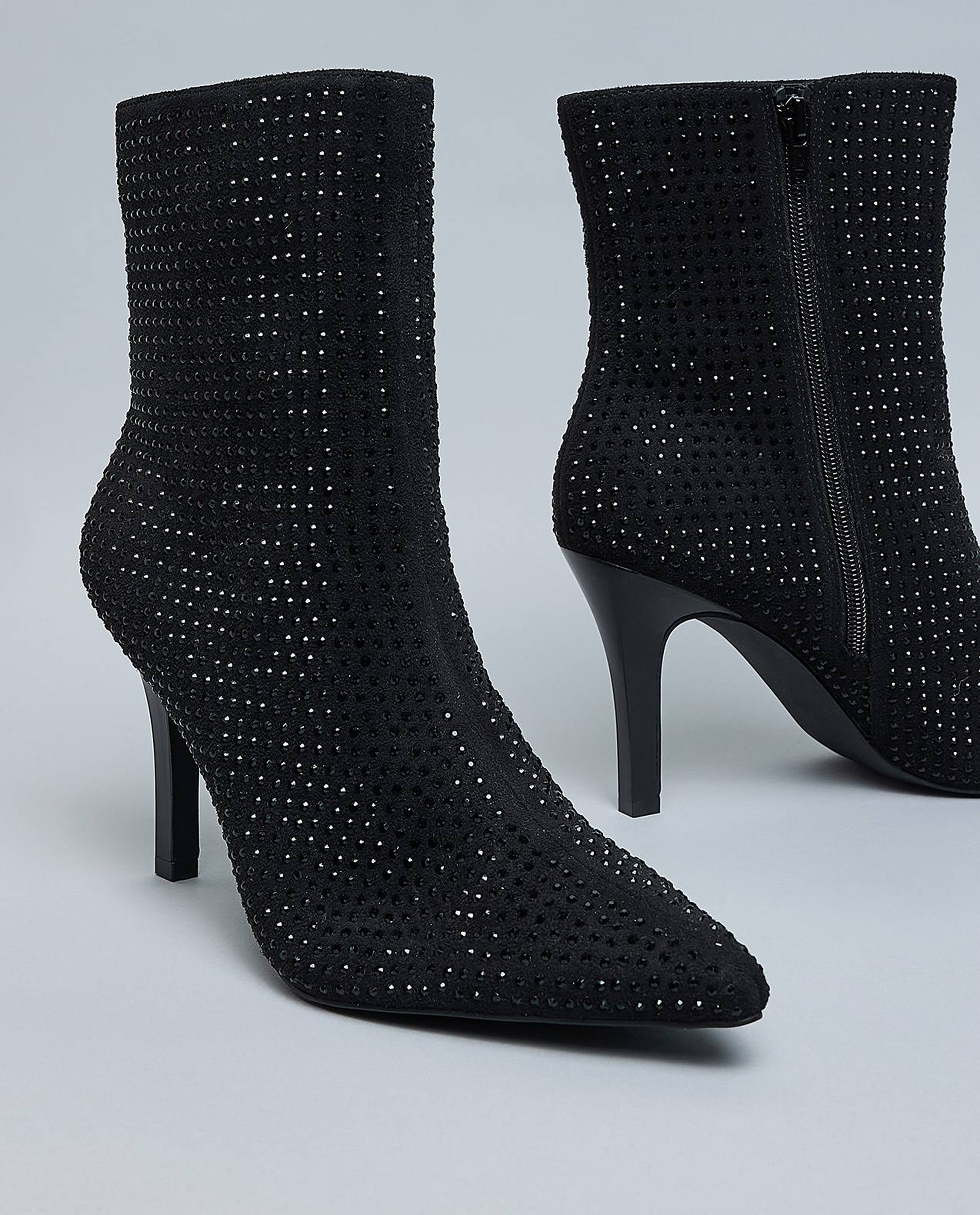 Embellished Pointed Toe Heeled Ankle Boots
