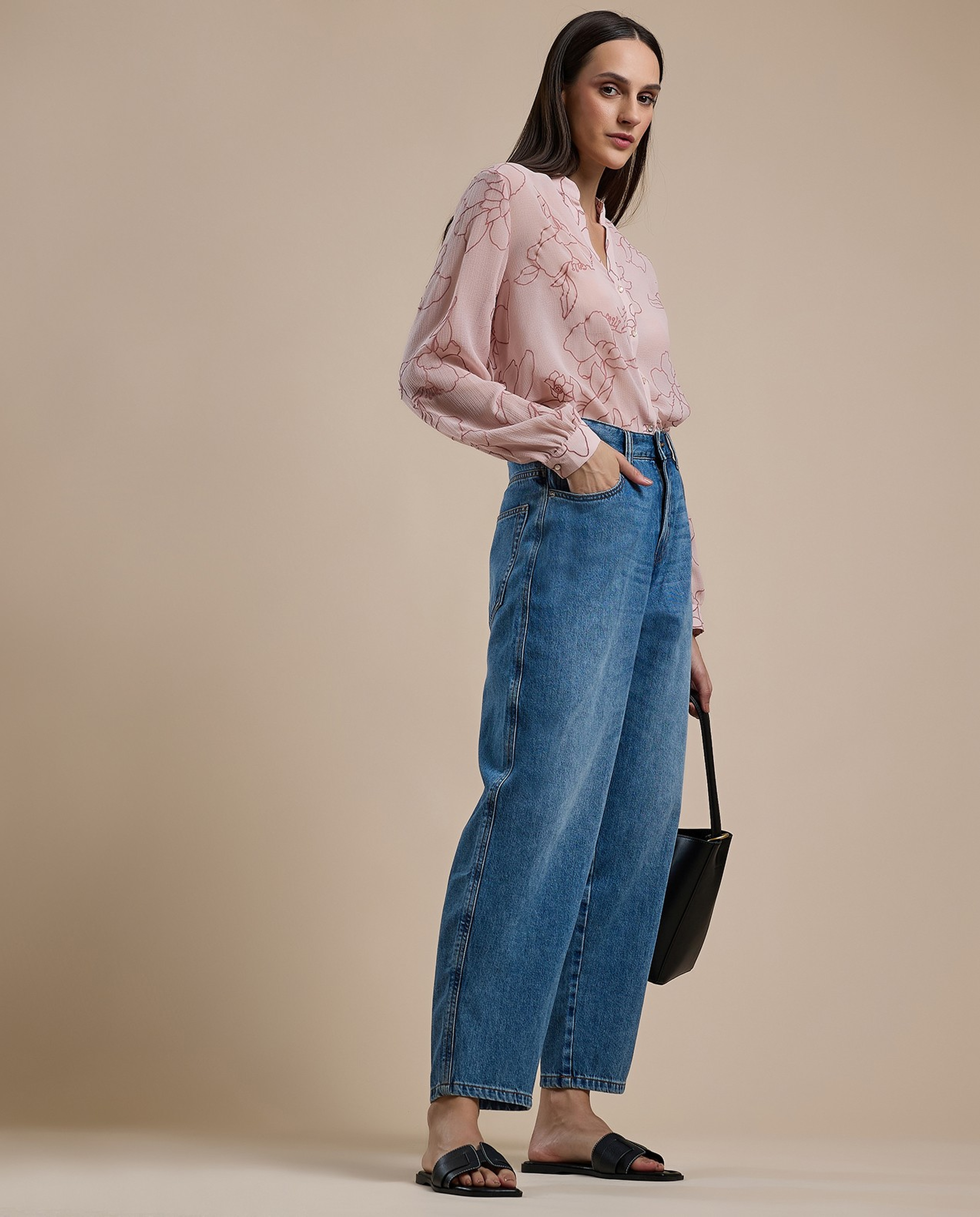 Washed Balloon Fit Jeans with Button Closure