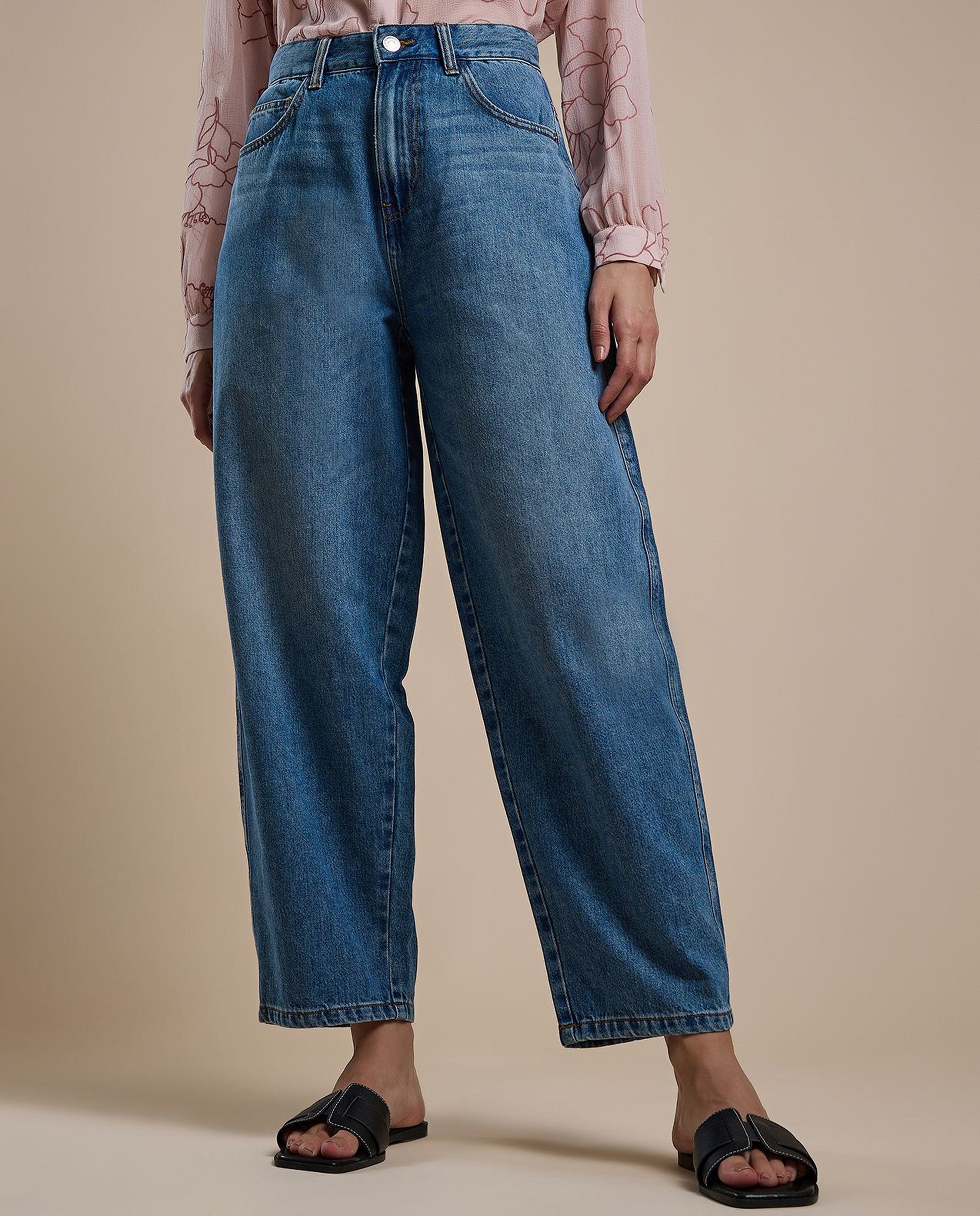 Washed Balloon Fit Jeans with Button Closure