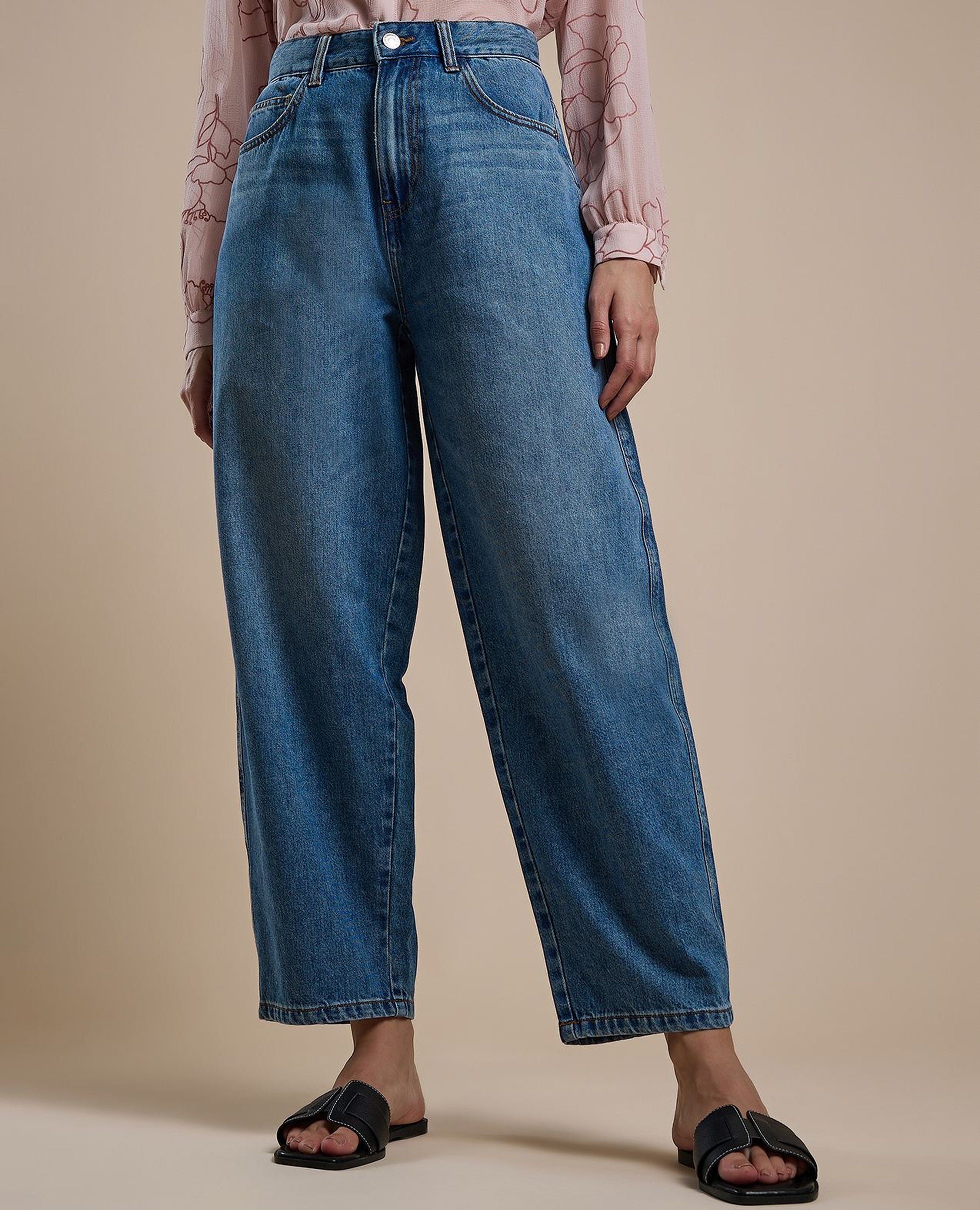 Washed Balloon Fit Jeans with Button Closure