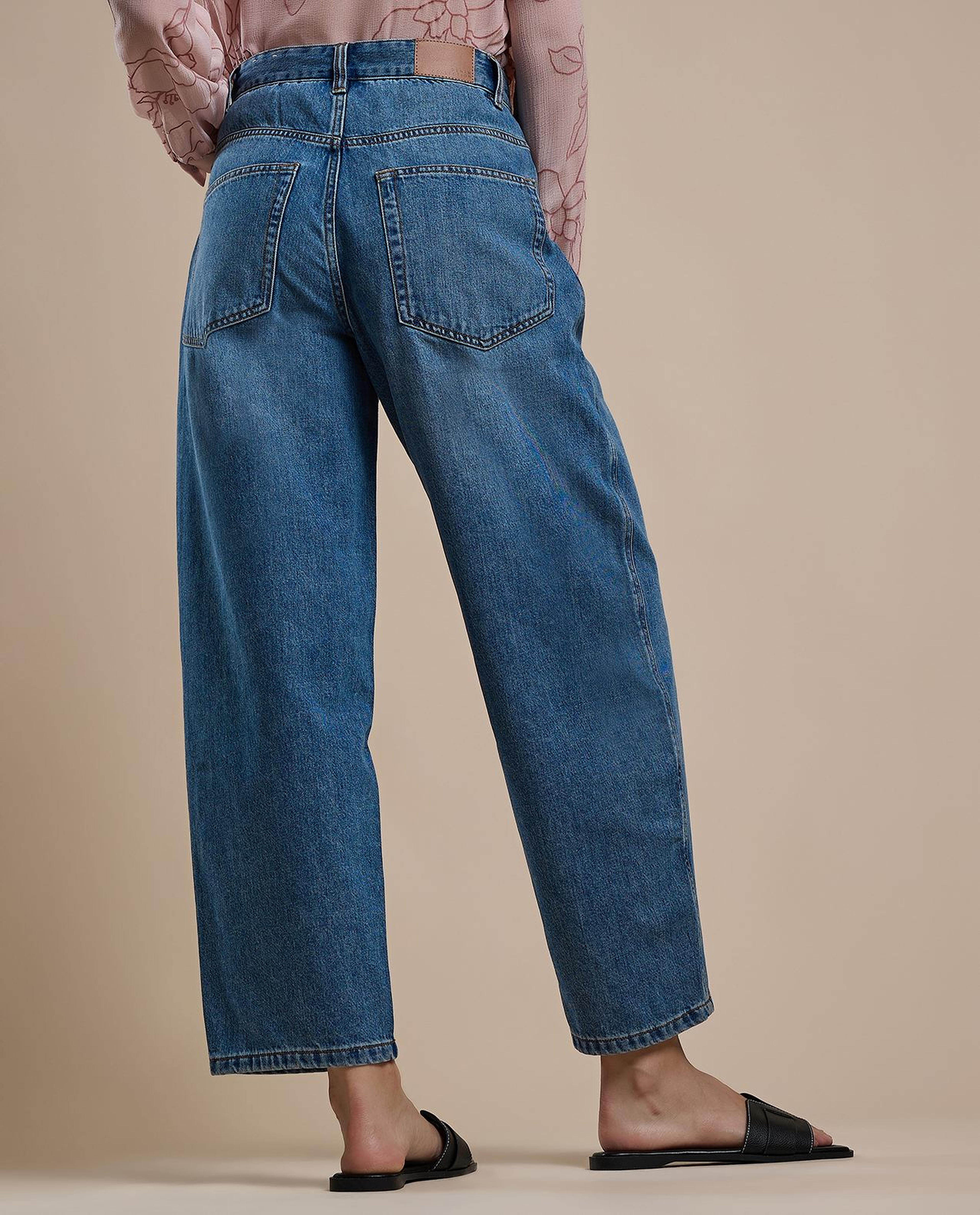 Washed Balloon Fit Jeans with Button Closure