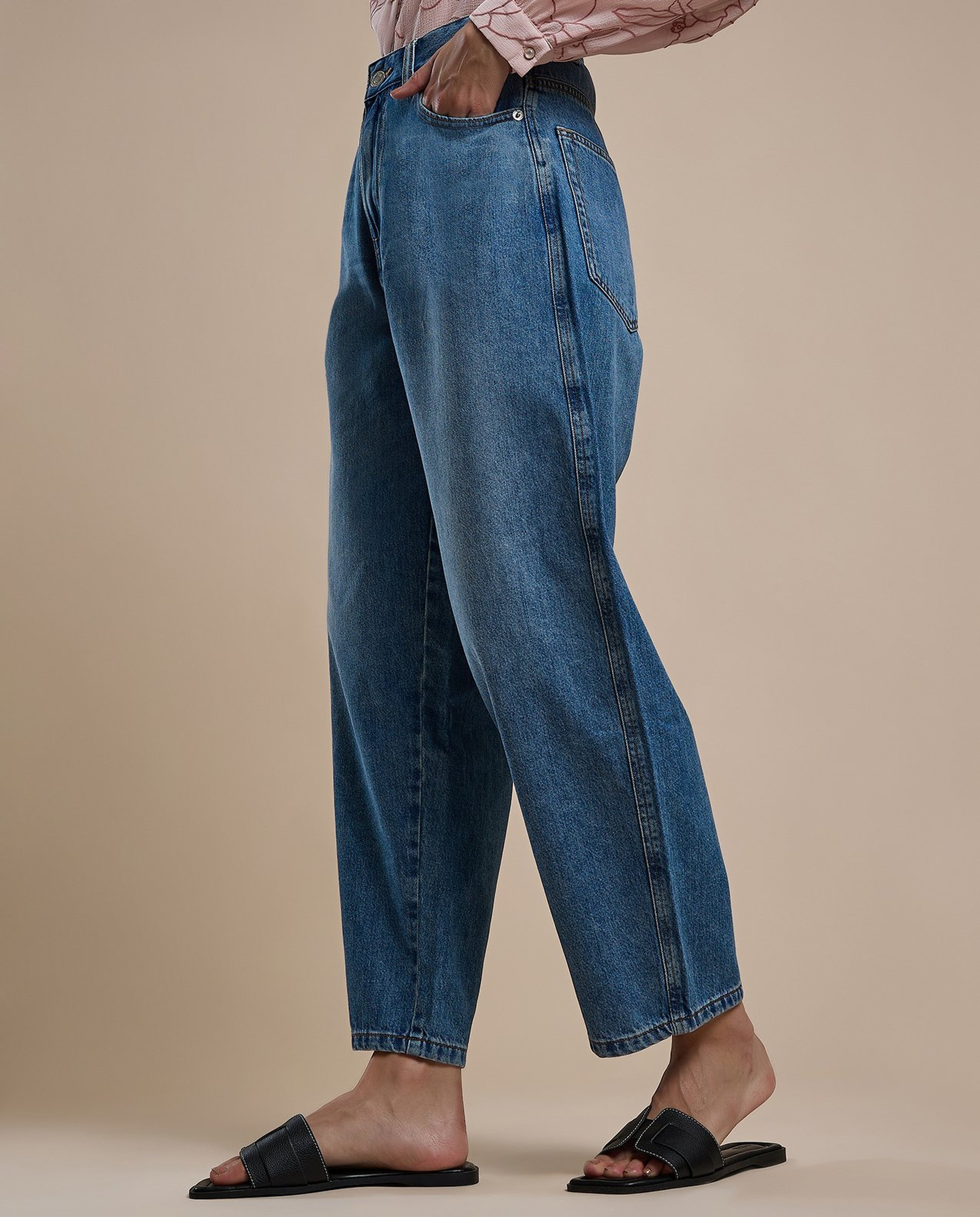 Washed Balloon Fit Jeans with Button Closure