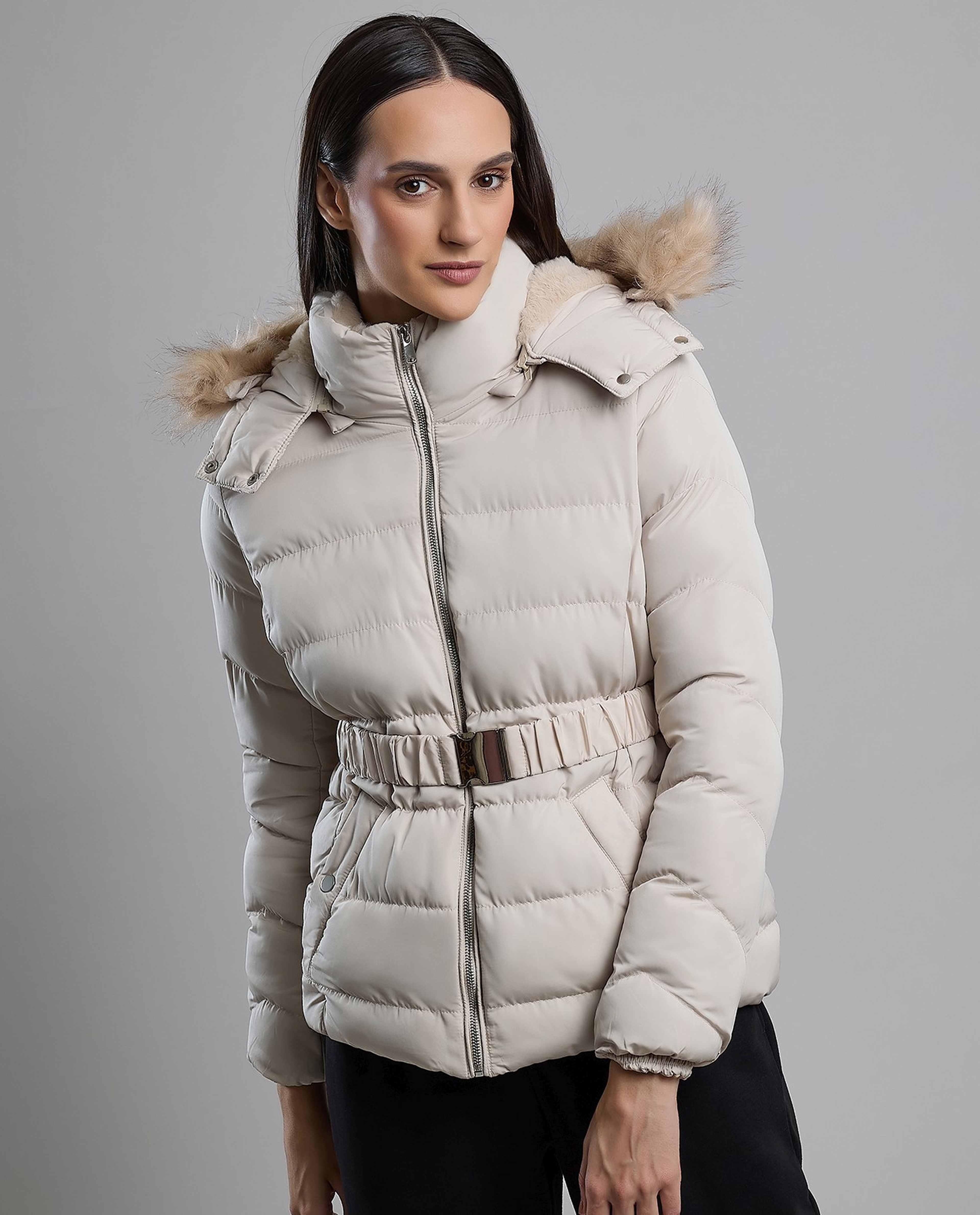 Quilted Hooded Puffer Jacket with Zipper Closure