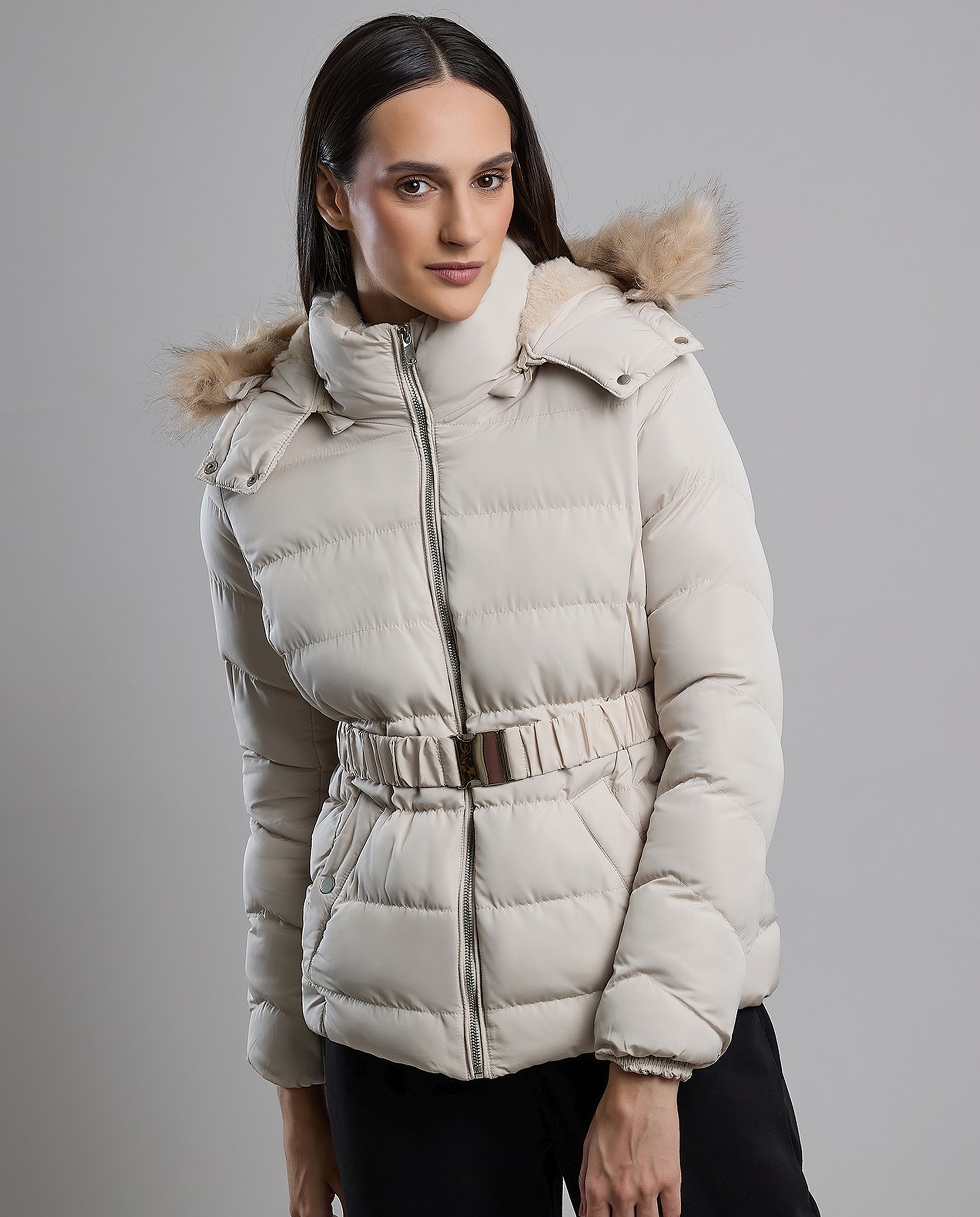 Quilted Hooded Puffer Jacket with Zipper Closure
