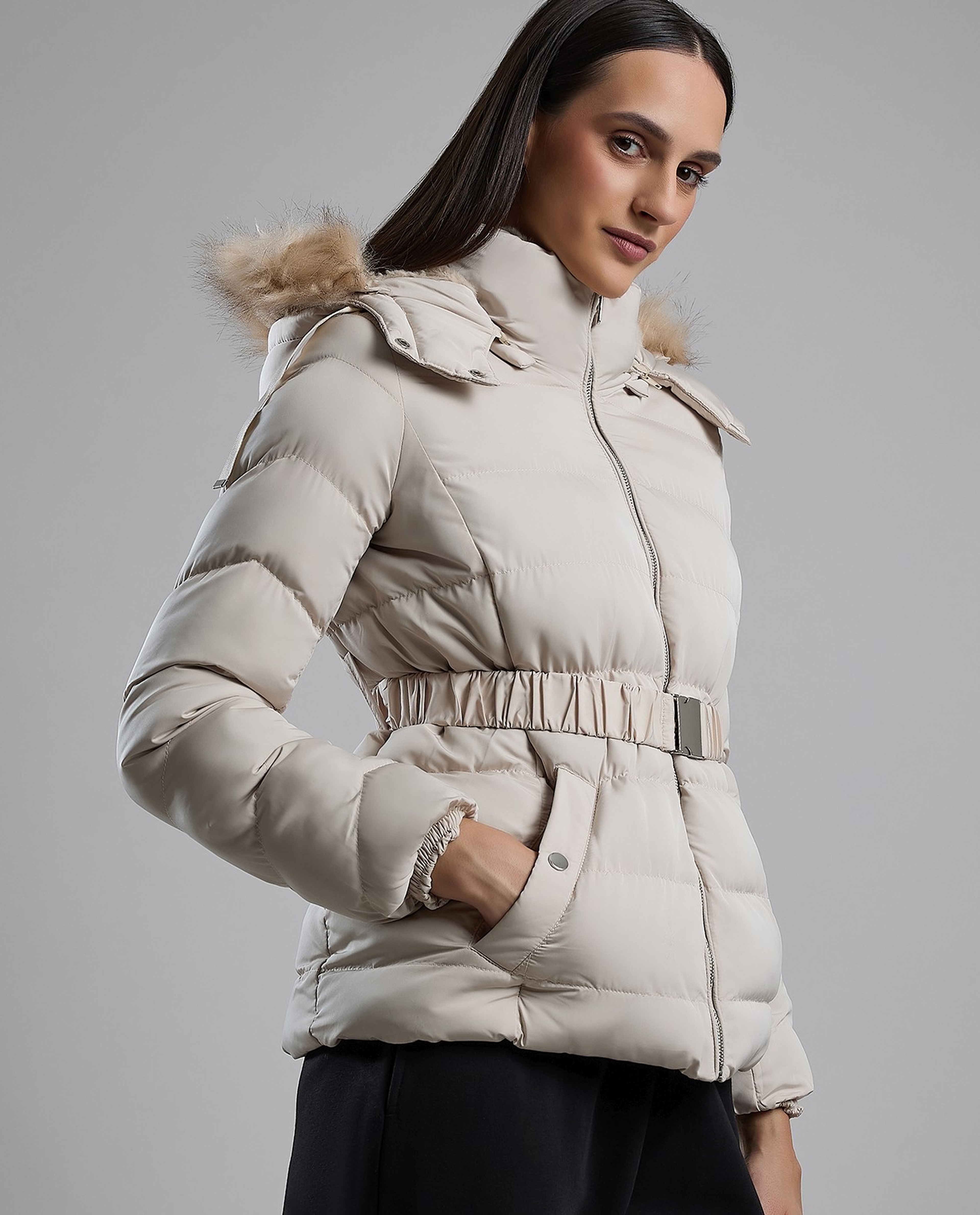Quilted Hooded Puffer Jacket with Zipper Closure