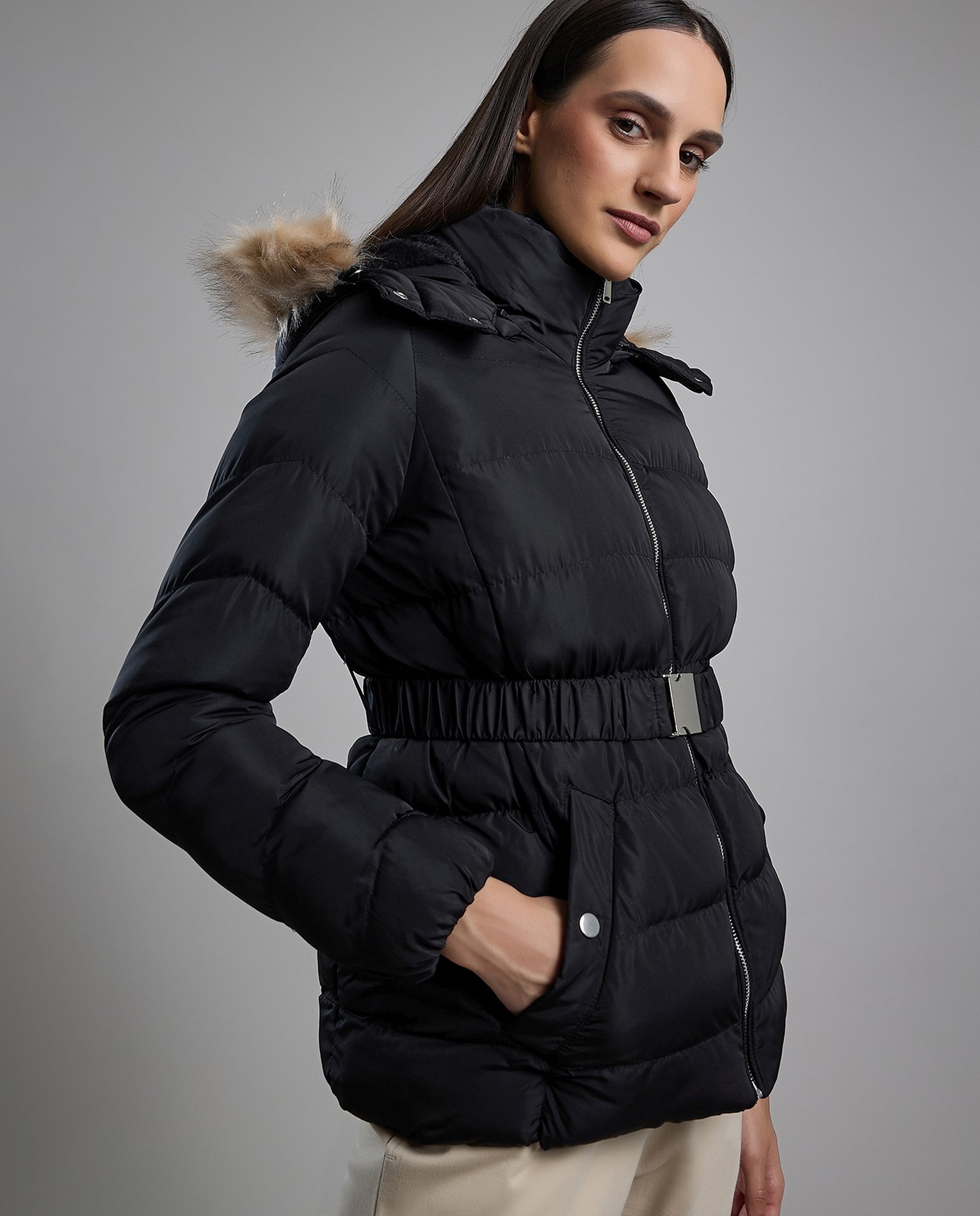 Quilted Hooded Puffer Jacket with Zipper Closure