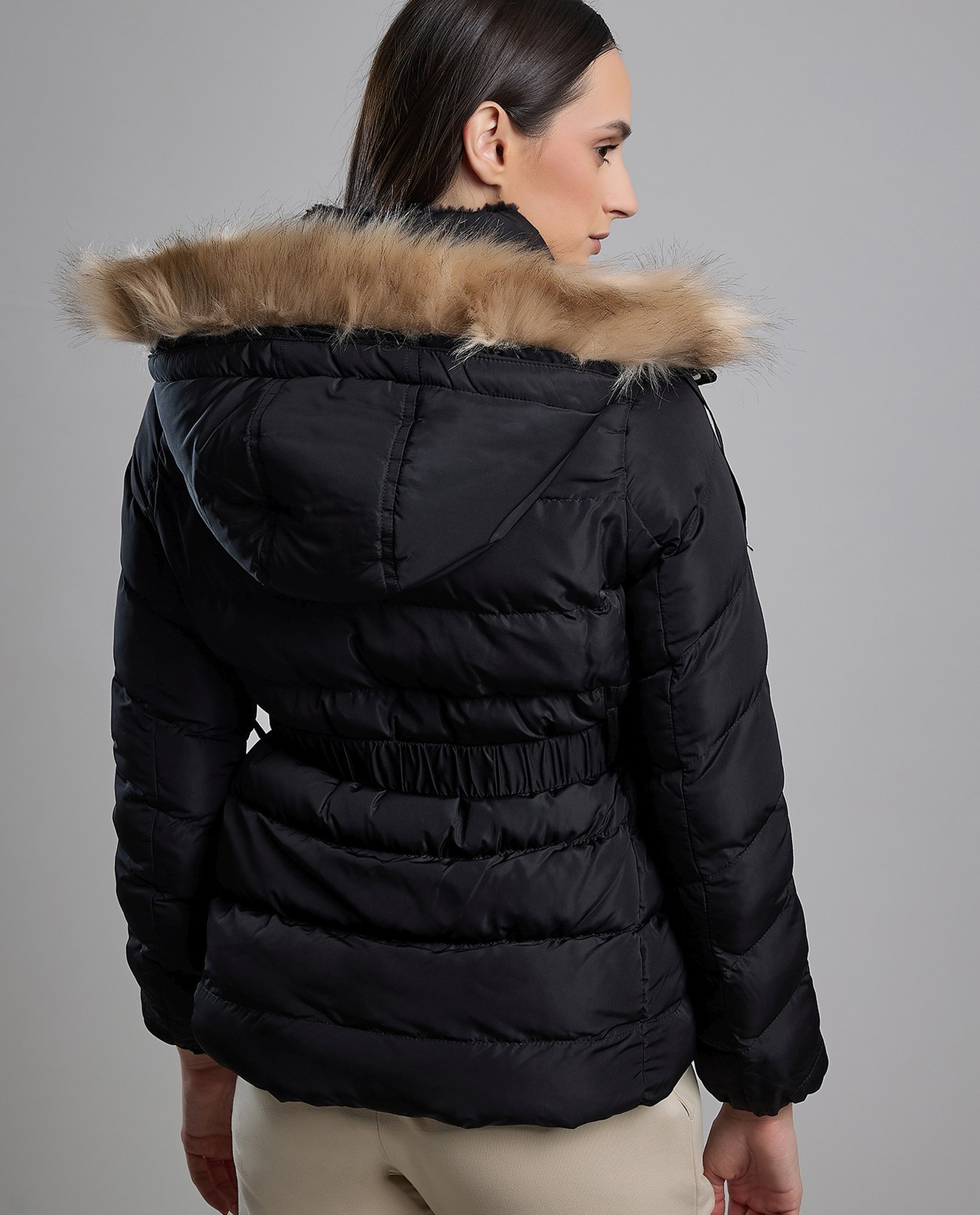 Quilted Hooded Puffer Jacket with Zipper Closure