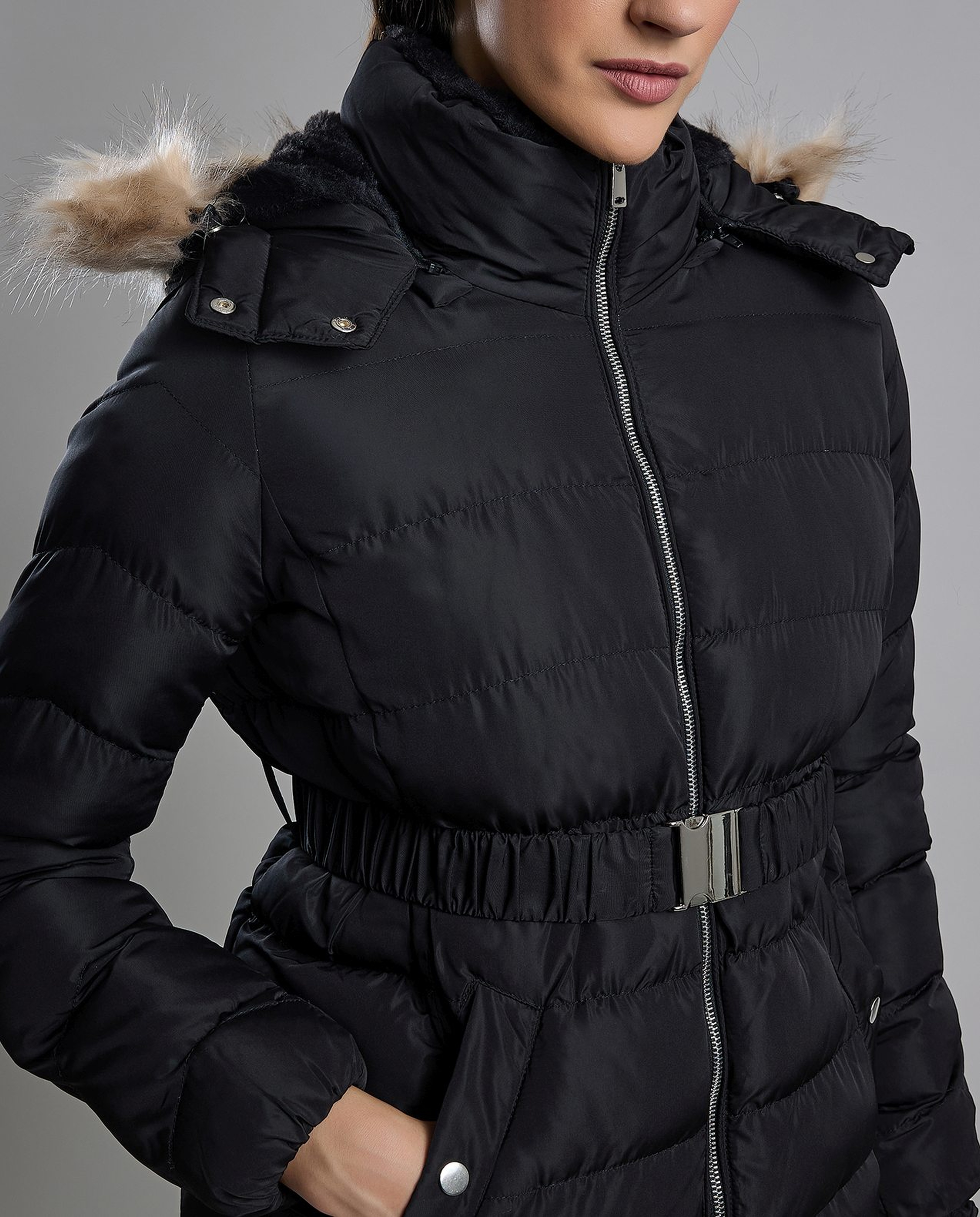 Quilted Hooded Puffer Jacket with Zipper Closure