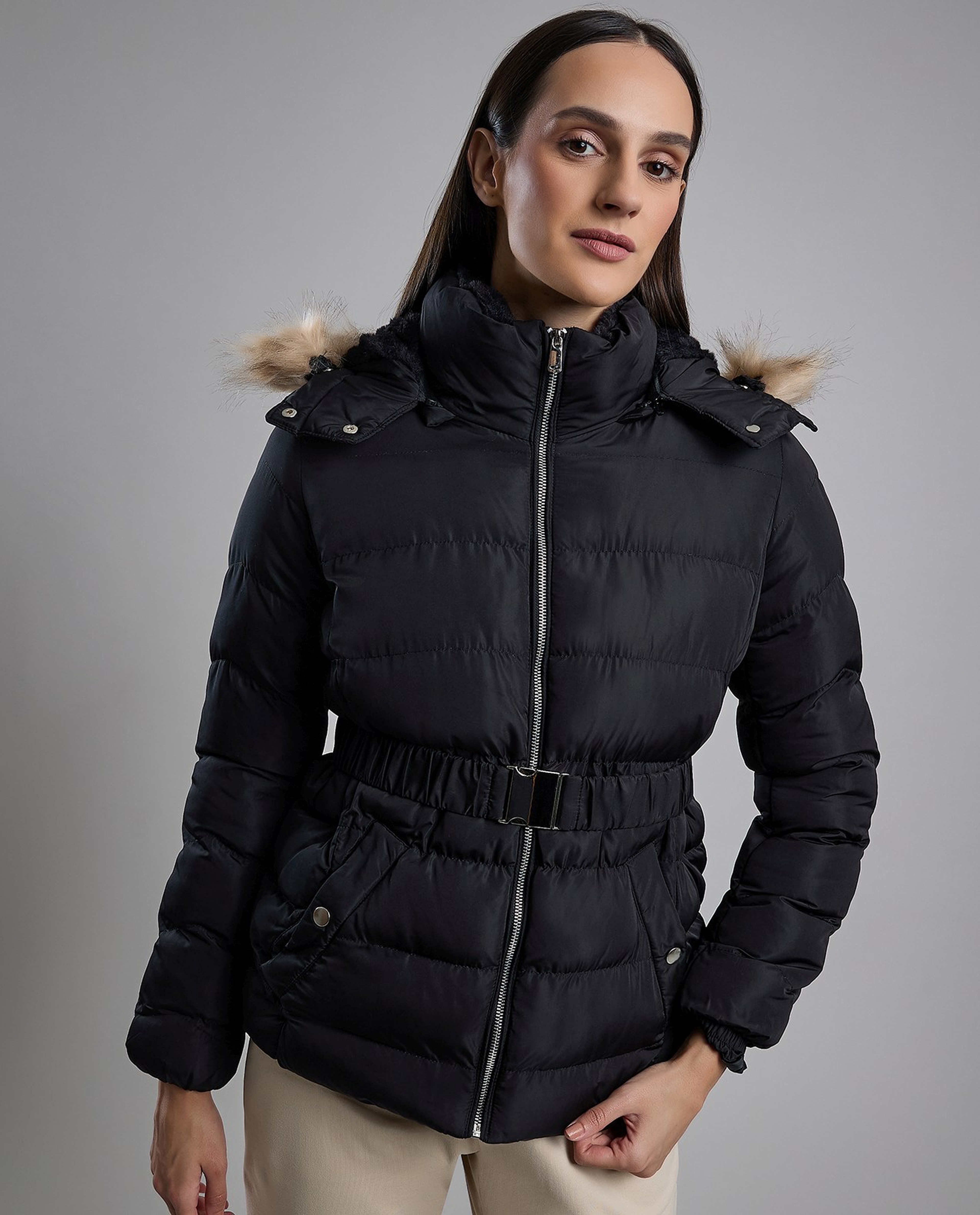 Quilted Hooded Puffer Jacket with Zipper Closure