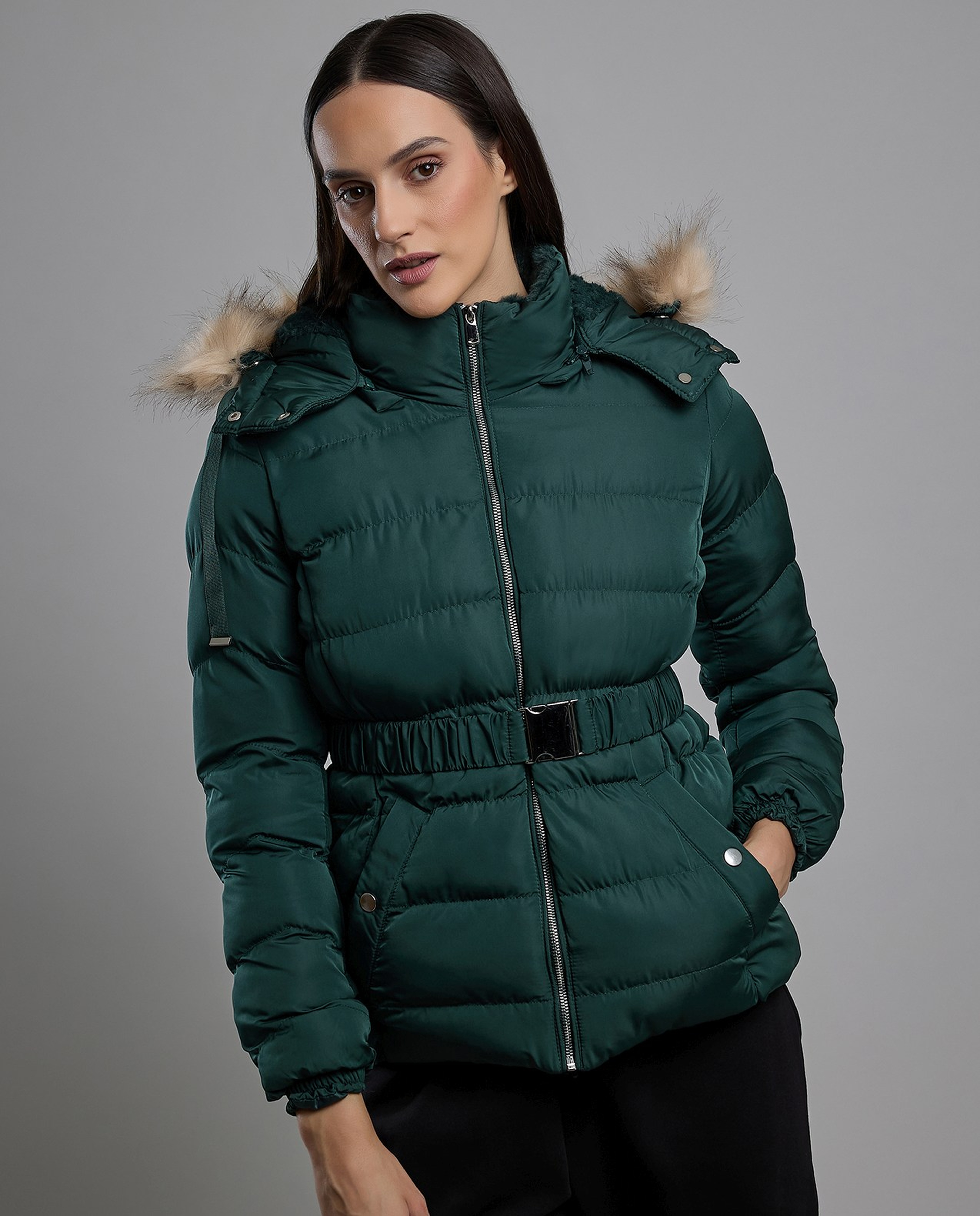 Quilted Hooded Puffer Jacket with Zipper Closure