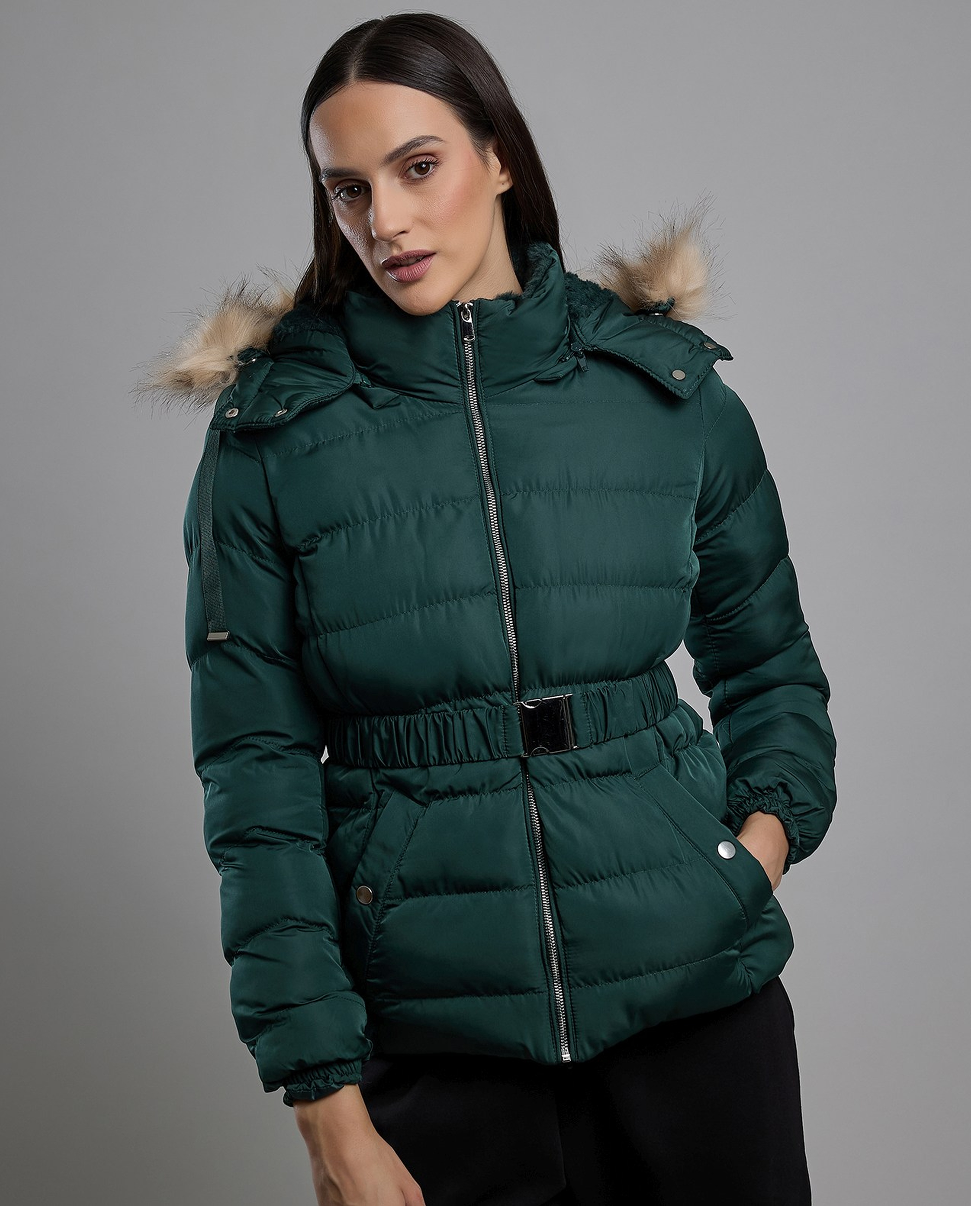 Quilted Hooded Puffer Jacket with Zipper Closure