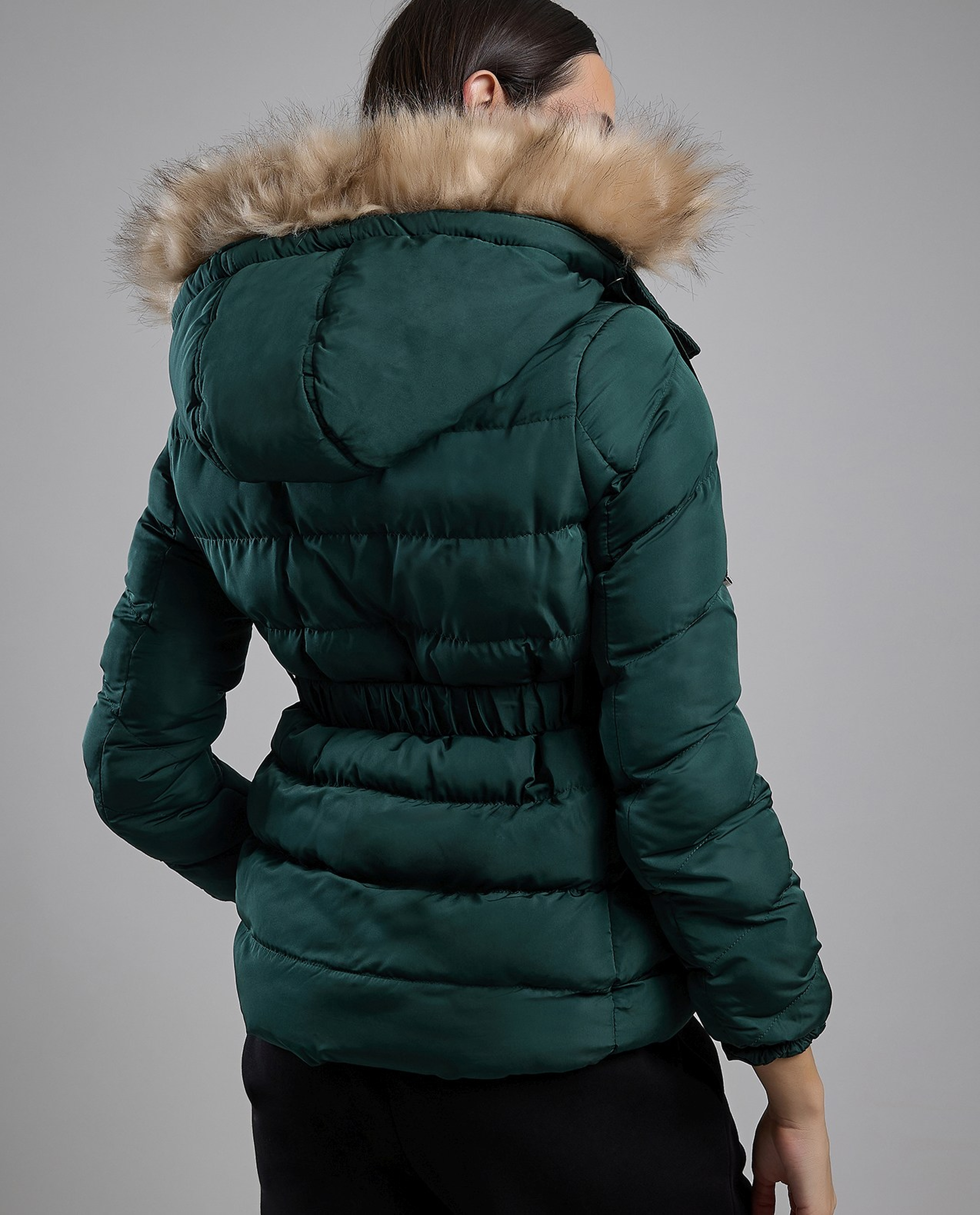 Quilted Hooded Puffer Jacket with Zipper Closure